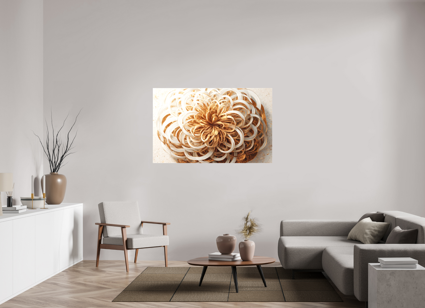 57.4 x 36″, Textile on Canvas Abstract Gold Flower