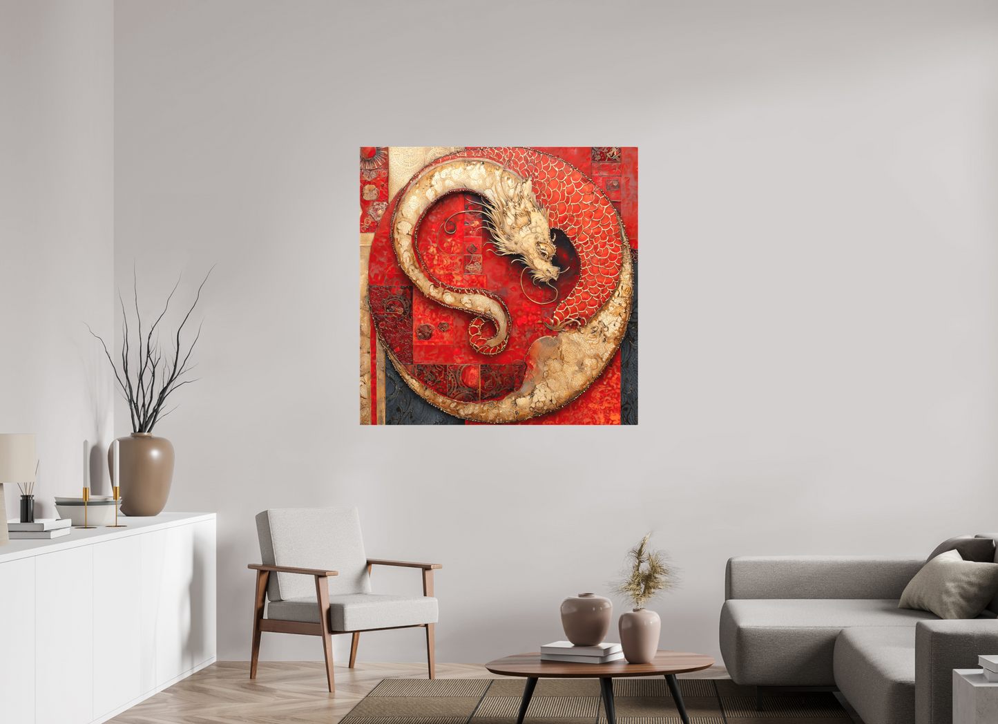 45 x 45″, Textile on Canvas Chinese Dragon