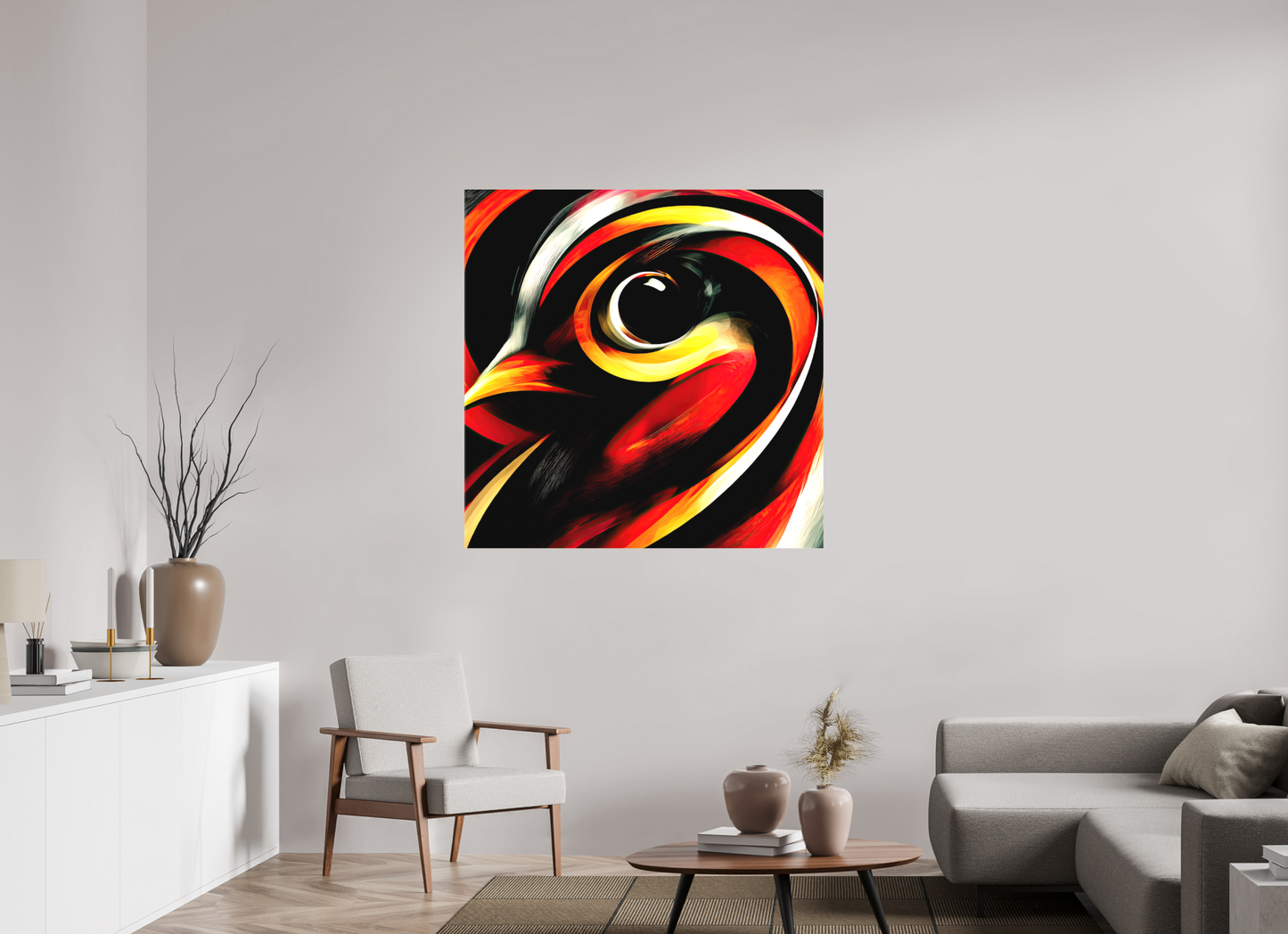 45 x 45″, Textile on Canvas Abstract Bird