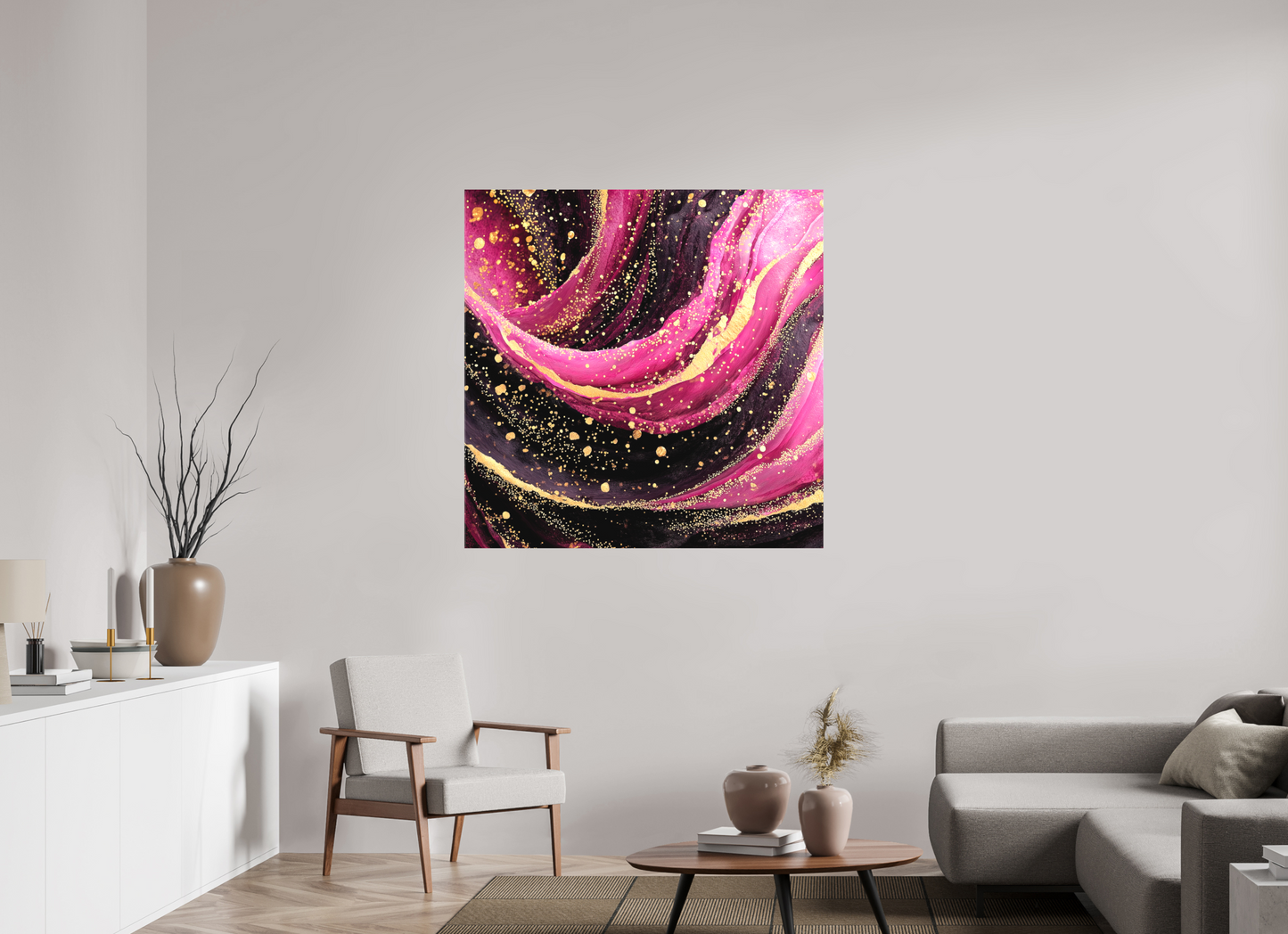 45 x 45″, Textile on Canvas Pink & Gold