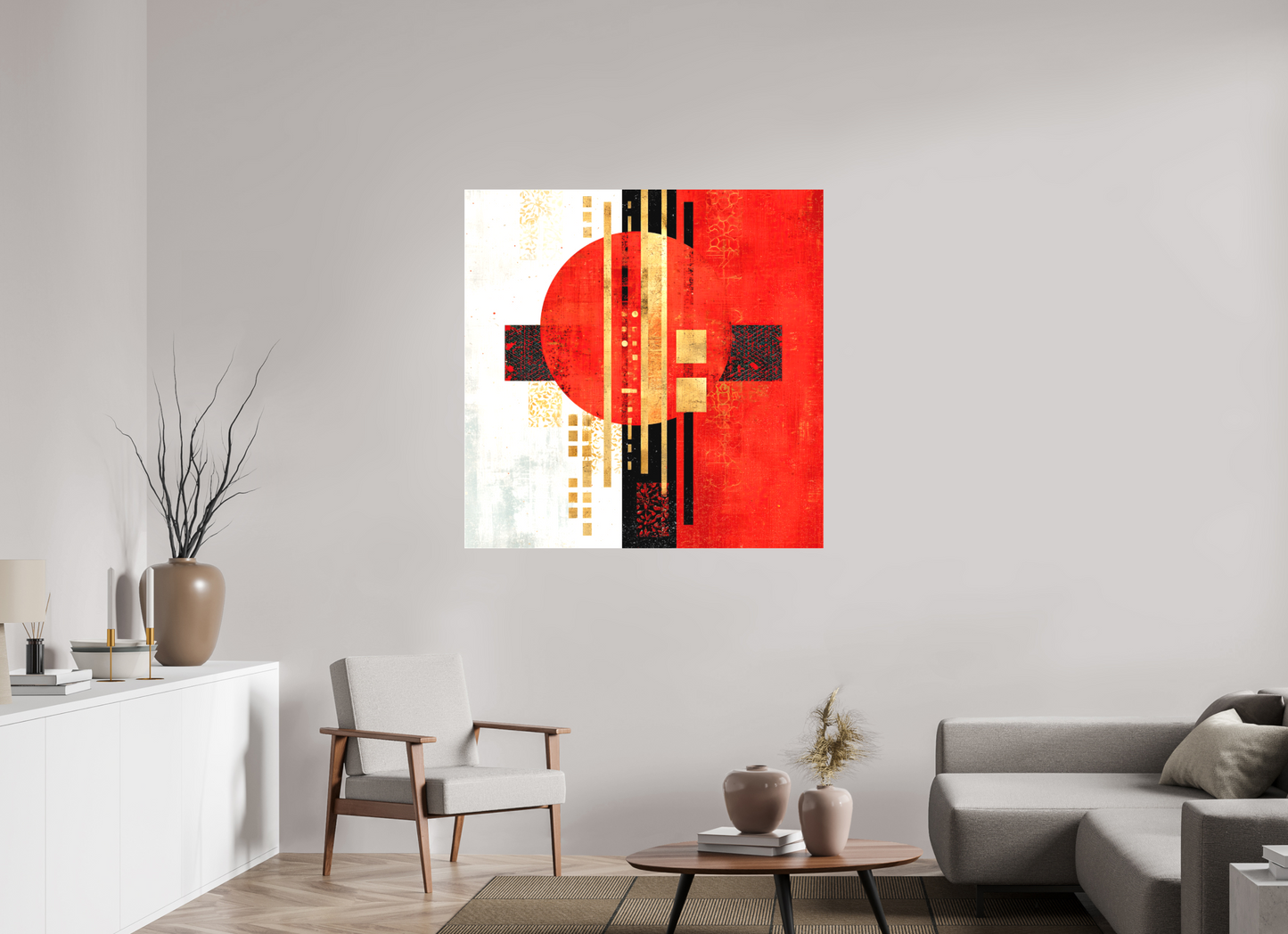 45 x 45″, Textile on Canvas Abstract Rising Sun