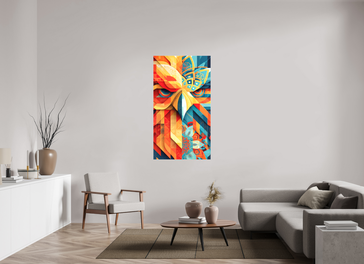 32 x 58.2″, Textile on Canvas Abstract Warm & Cold Eagle