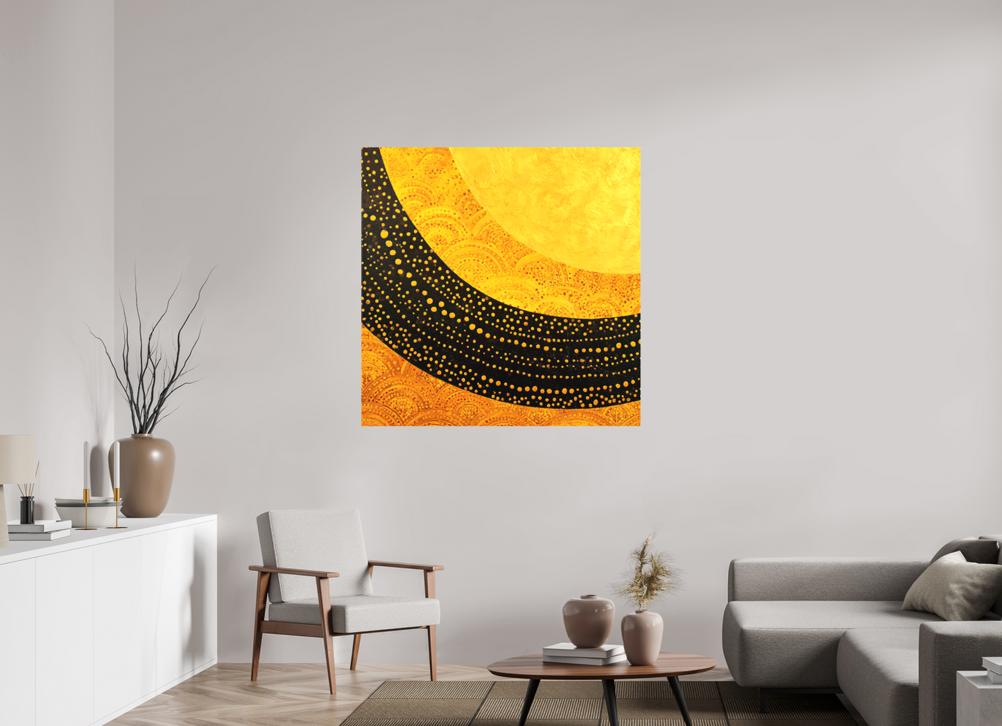 45 x 45″, Textile on Canvas Art Deco Sun