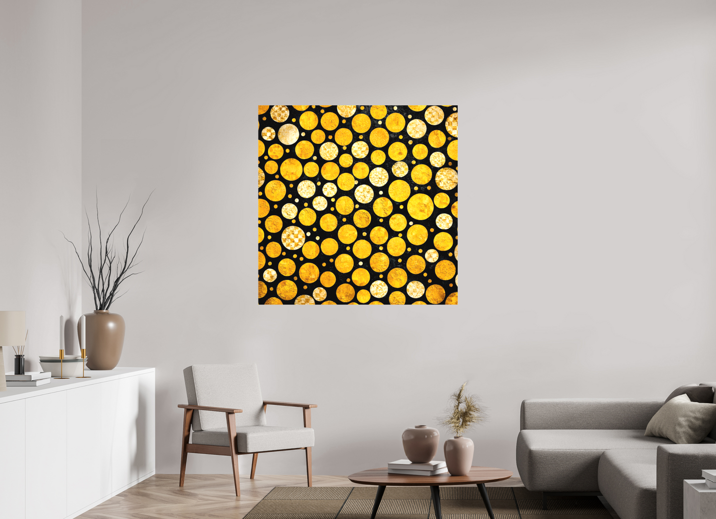 45 x 45″, Textile on Canvas Gold Dots