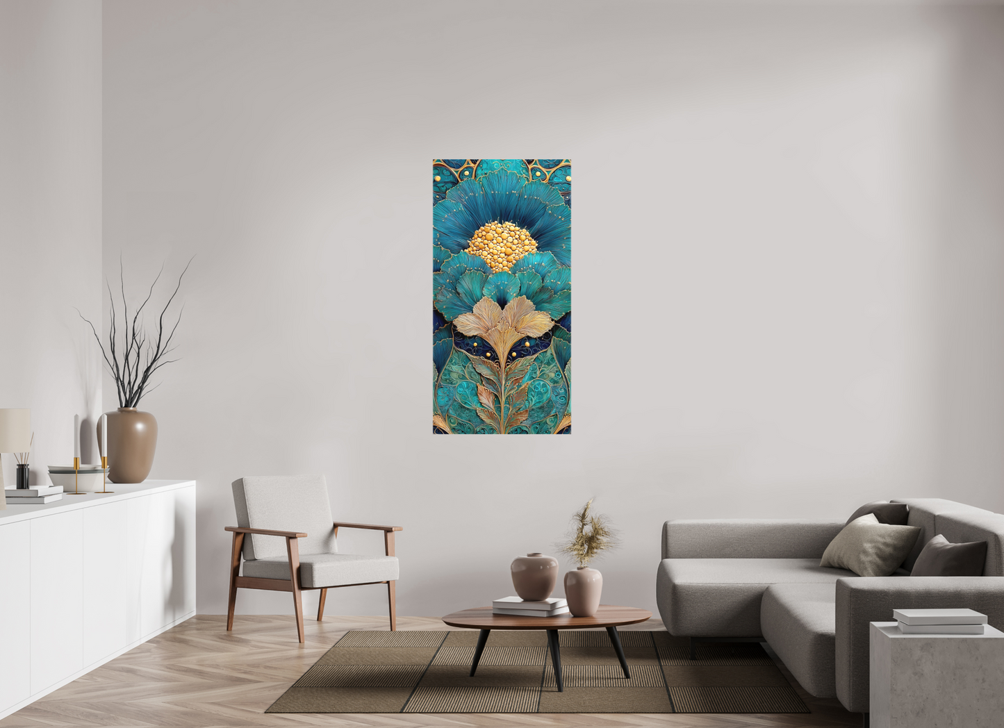 28 x 56″, Textile on Canvas Art Deco Teal Flower 1