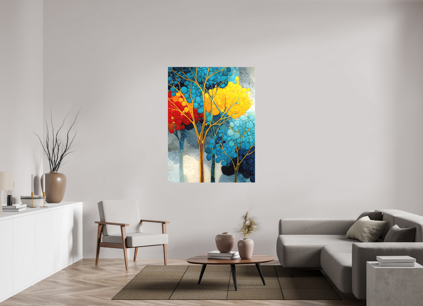42 x 56″, Textile on Canvas City Trees