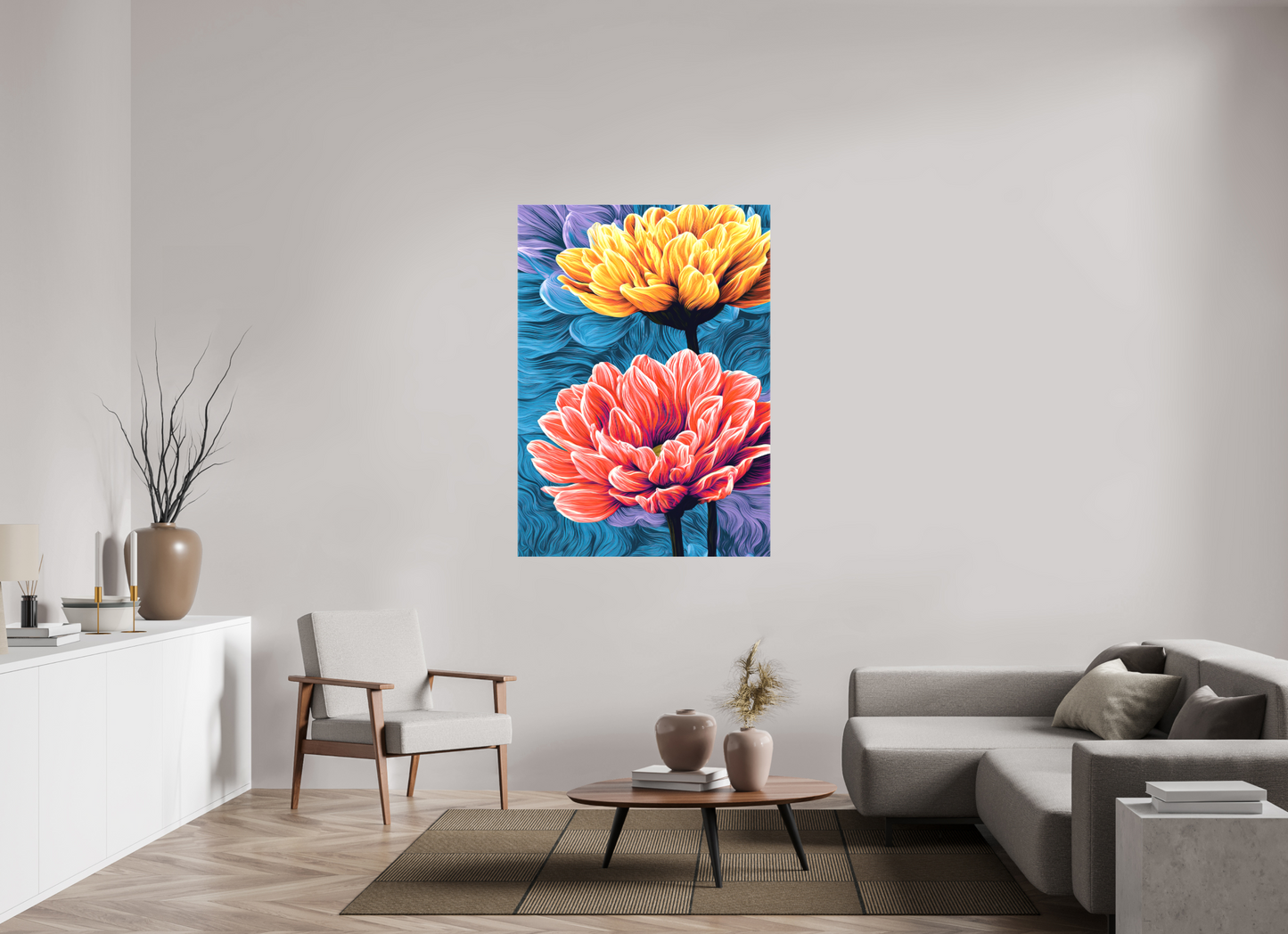 40 x 55.9″, Textile on Canvas Warm Flowers