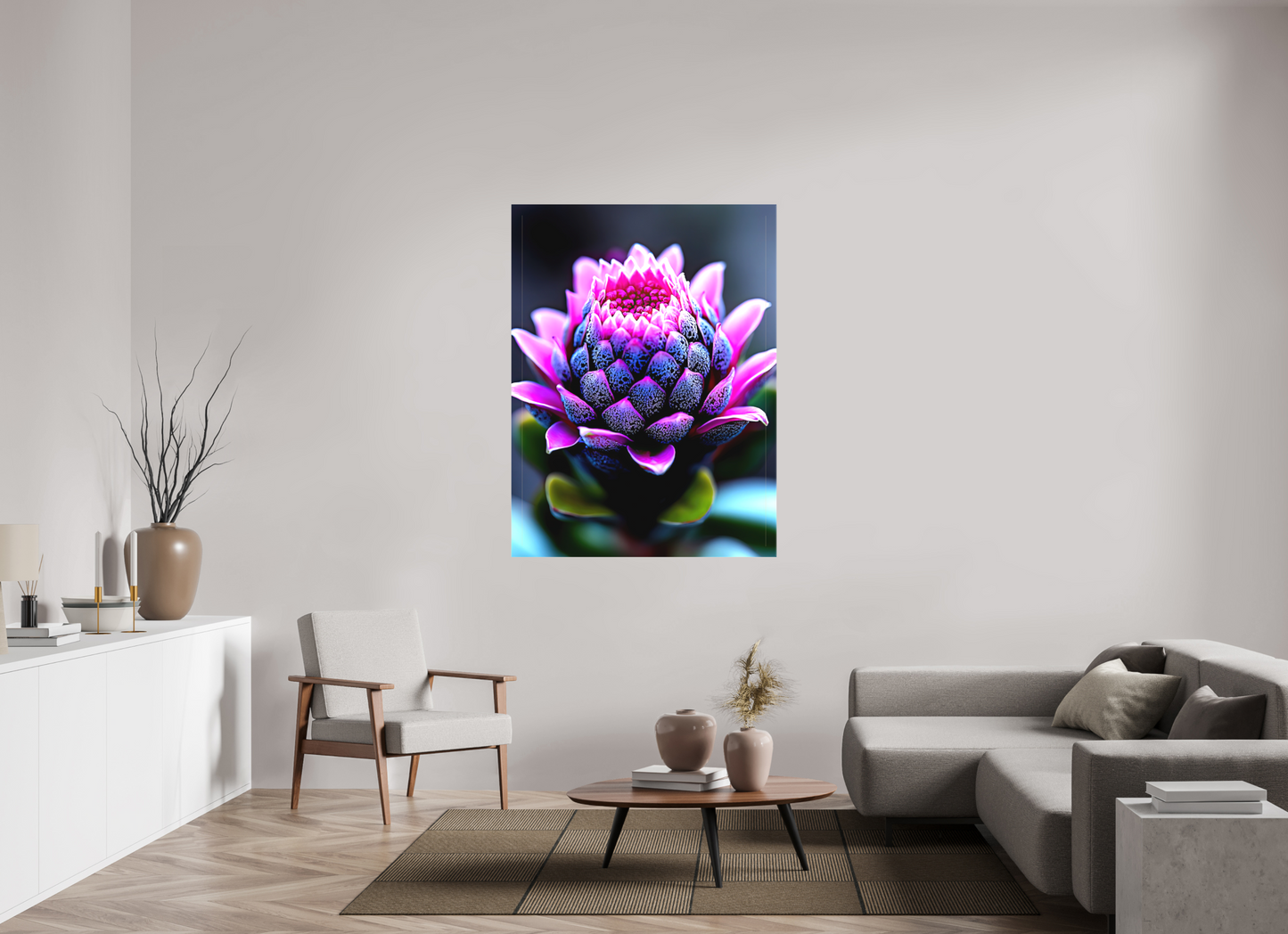 42 x 56″, Textile on Canvas Pink Bud Flower