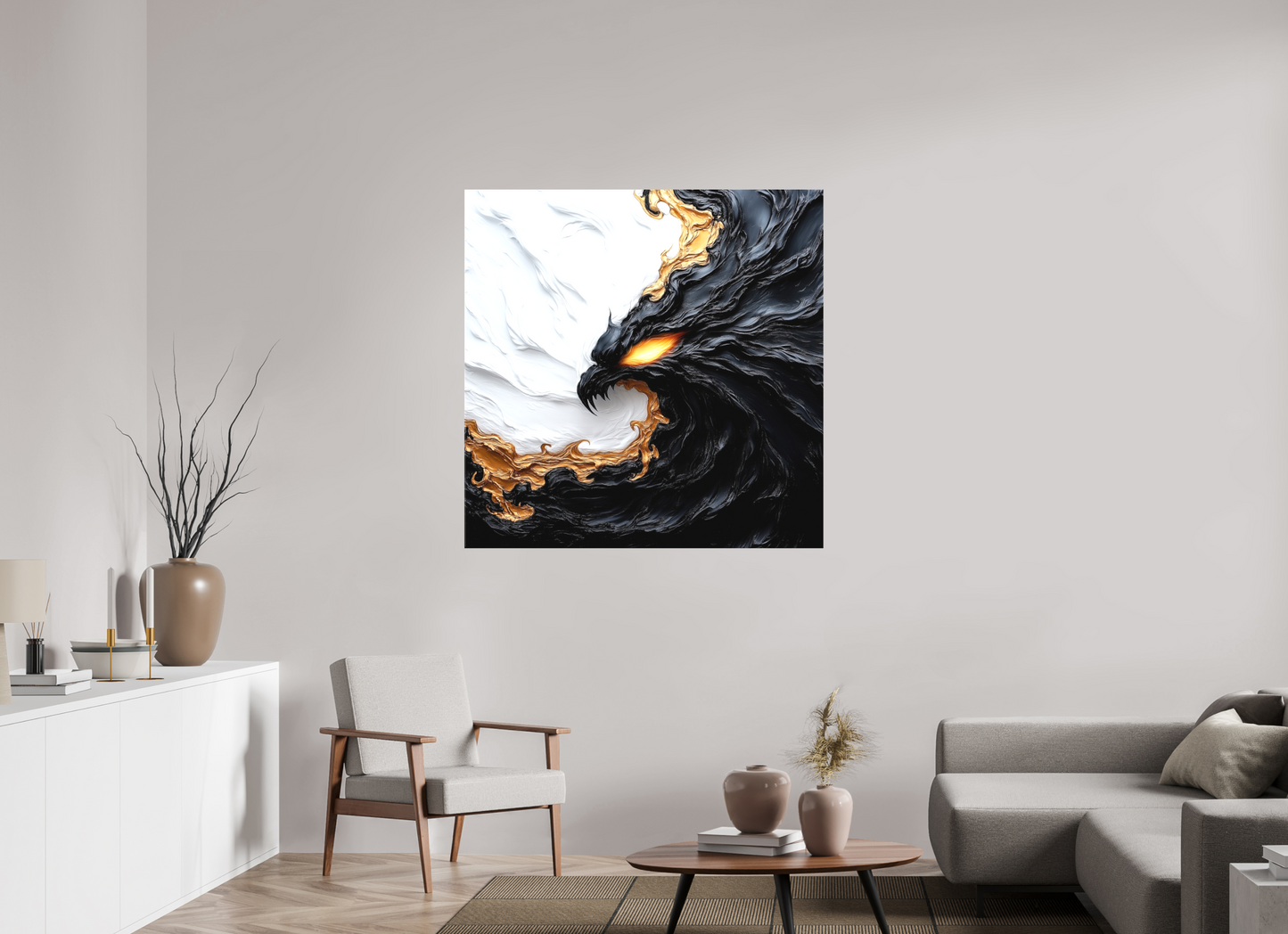 45 x 45″, Textile on Canvas Yin Yang Bird