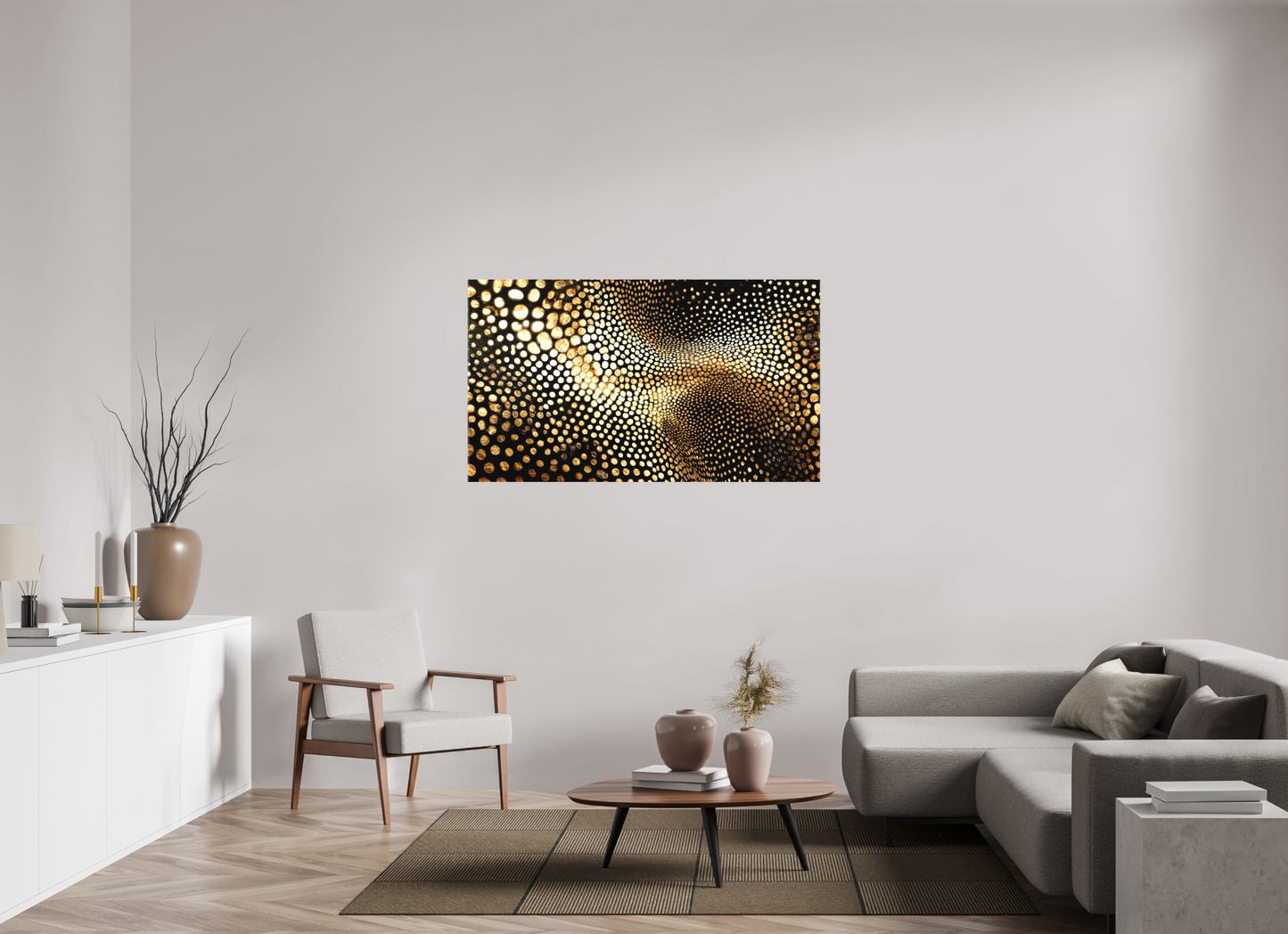 55.9 x 32″, Textile on Canvas Gold Dot Wave