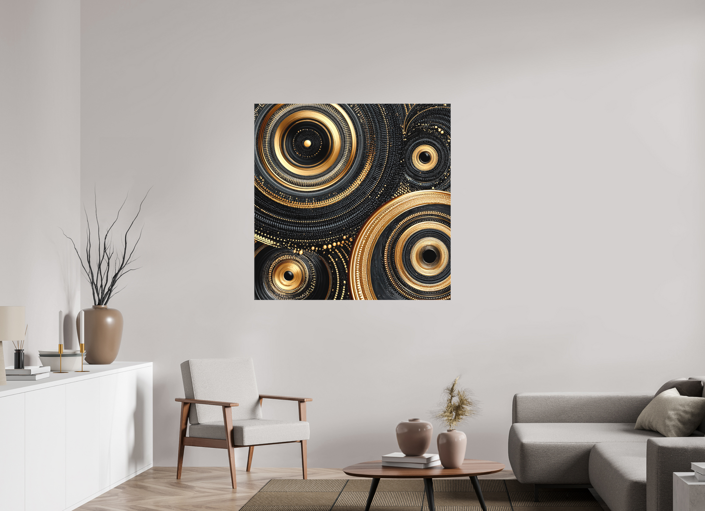 45 x 45″, Textile on Canvas Gold & Black Circles