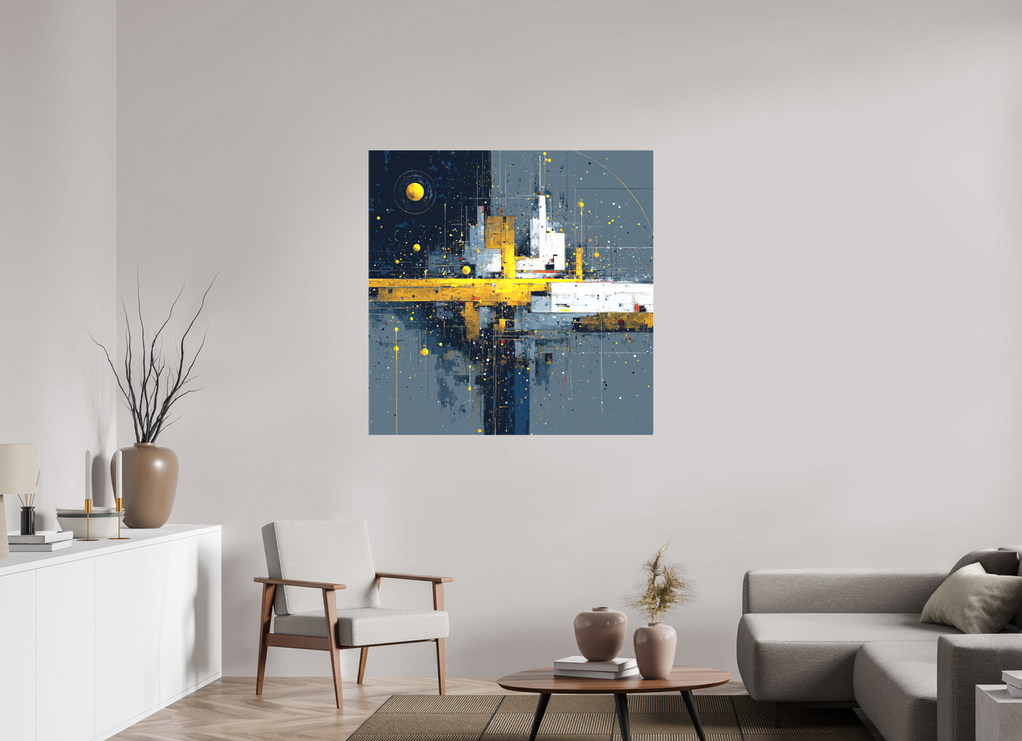 45 x 45″, Textile on Canvas Abstract City