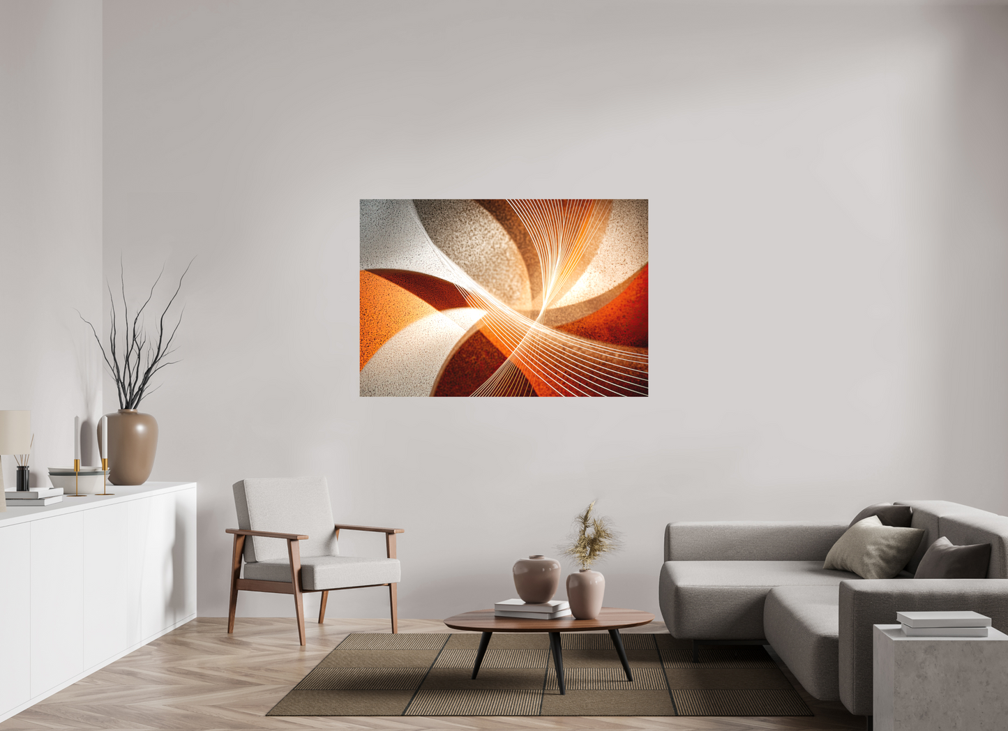58.5 x 40″, Textile on Canvas Orange & White Swirl