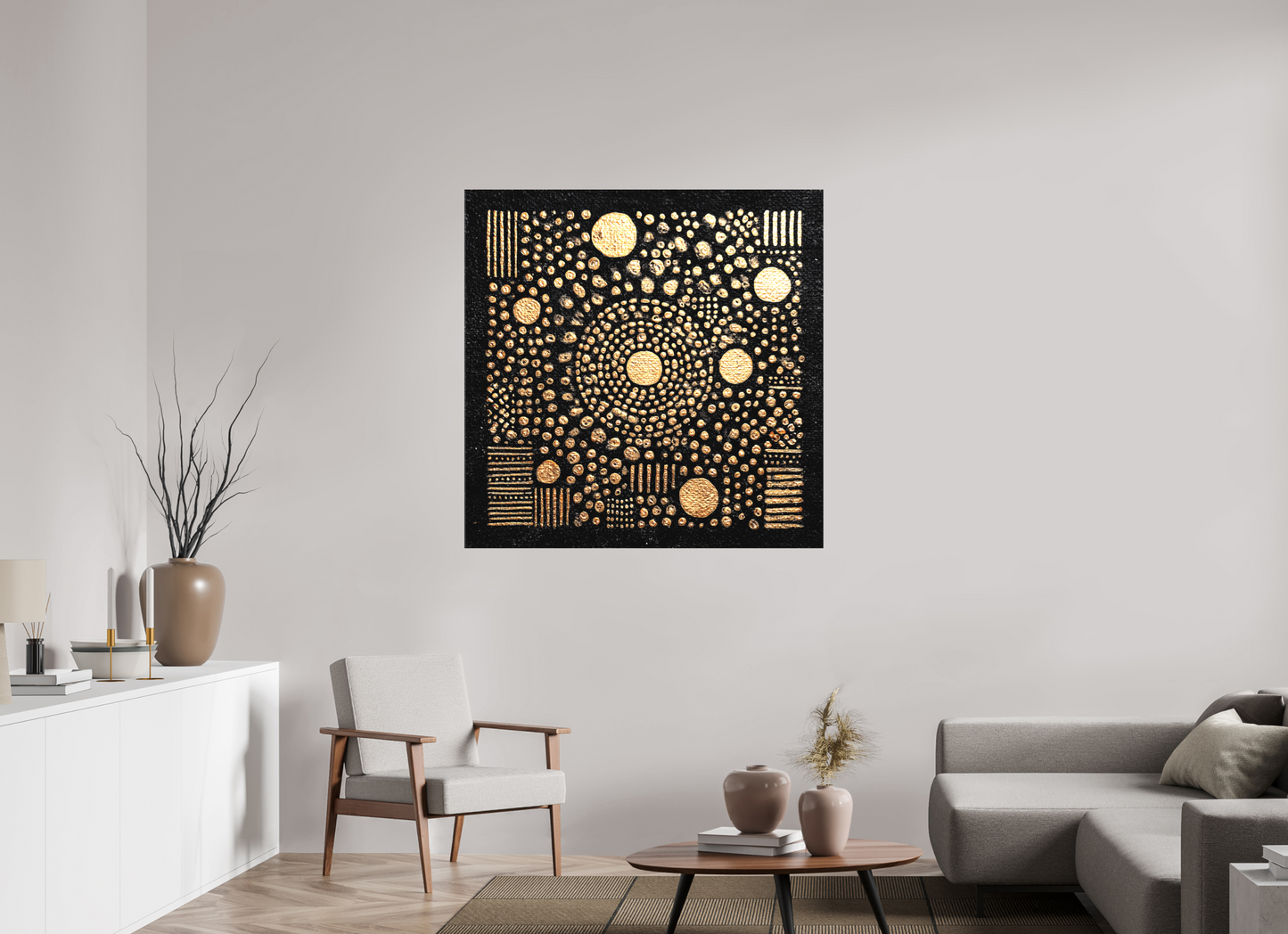 45 x 45″, Textile on Canvas Gold QR