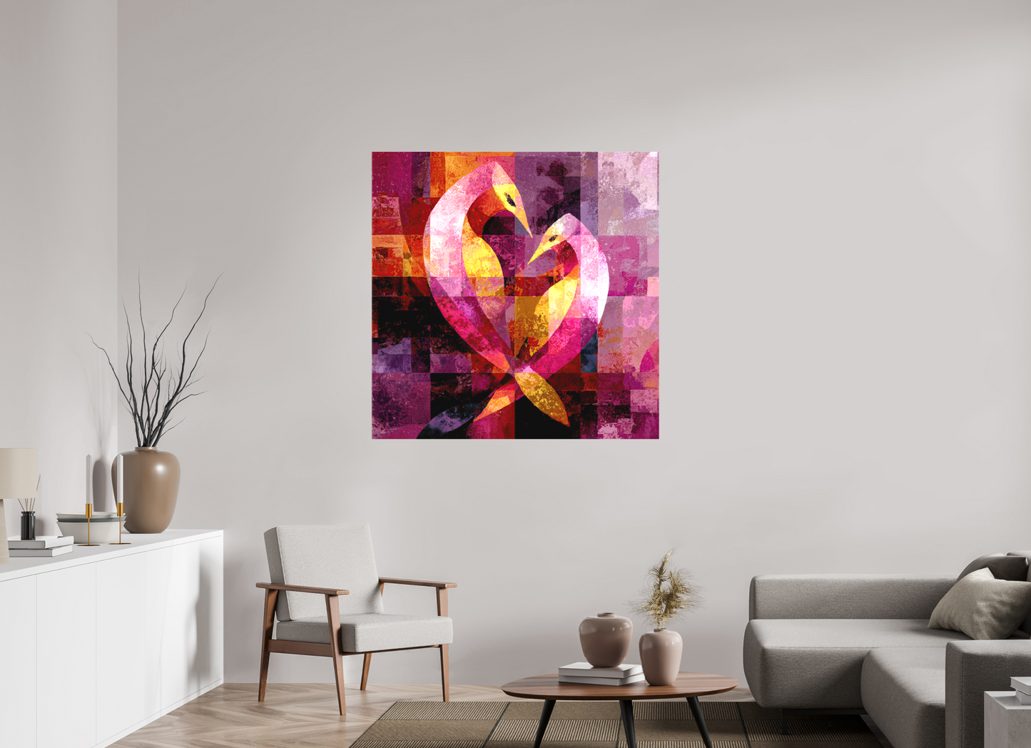 45 x 45″, Textile on Canvas Love Birds