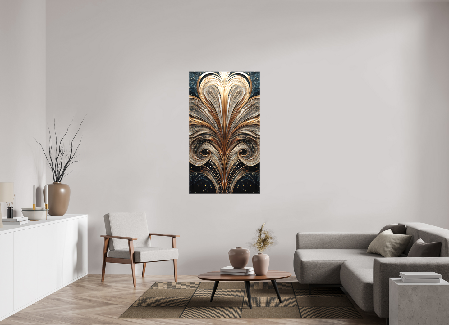 32 x 55.6″, Textile on Canvas Art Deco Abstract Flower 2
