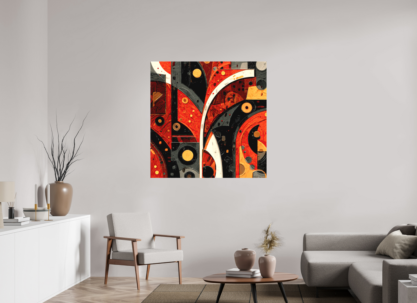 45 x 45″, Textile on Canvas Abstract Chaos