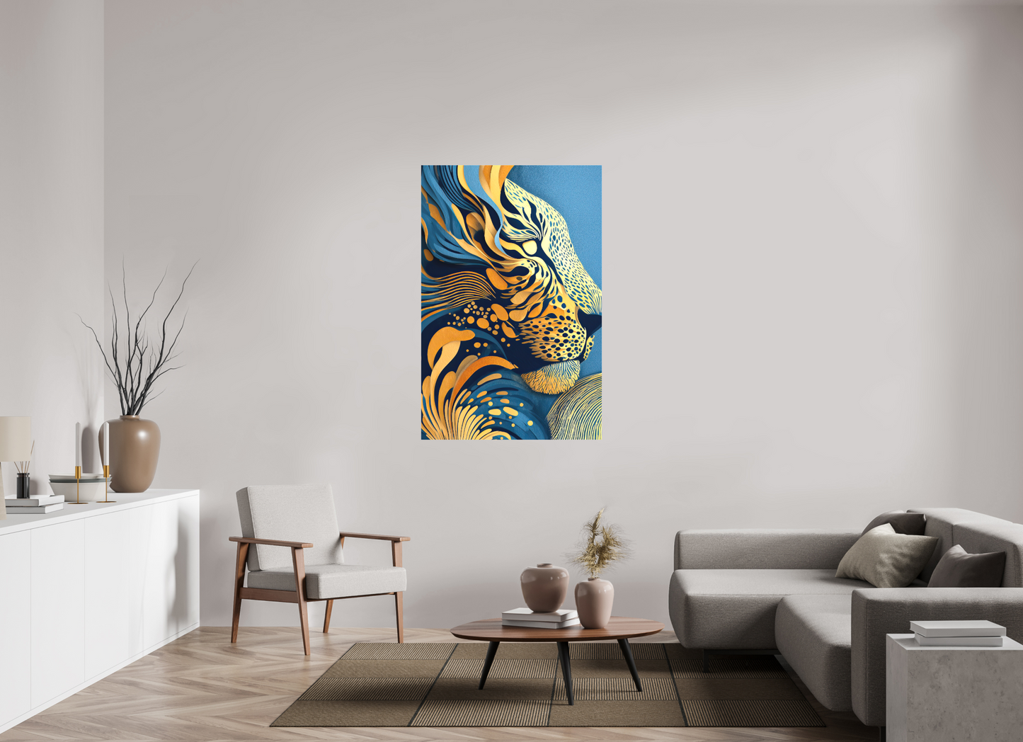 36 x 54.8″, Textile on Canvas Yellow & Blue Cheetah