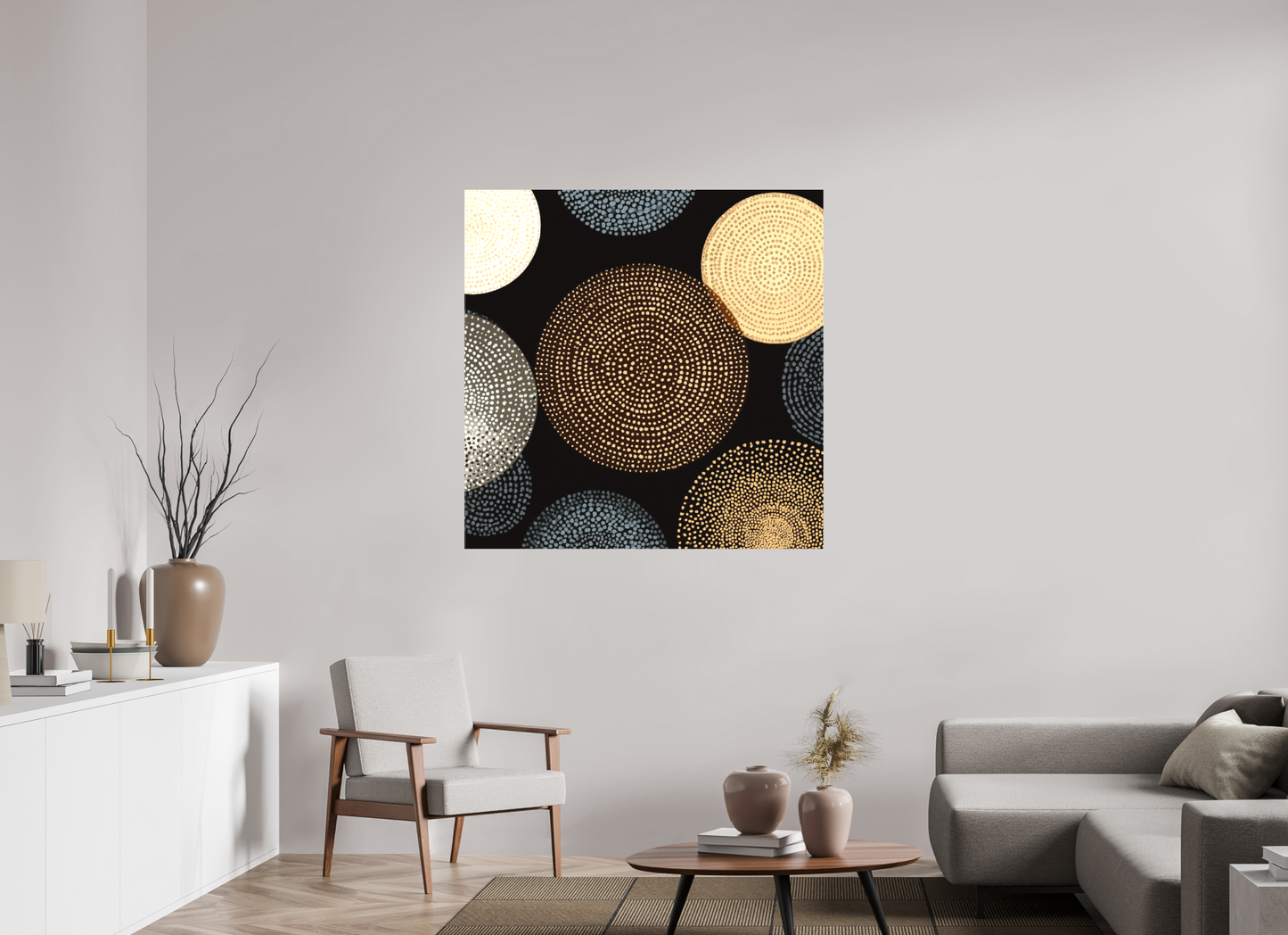 45 x 45″, Textile on Canvas Dot Circles