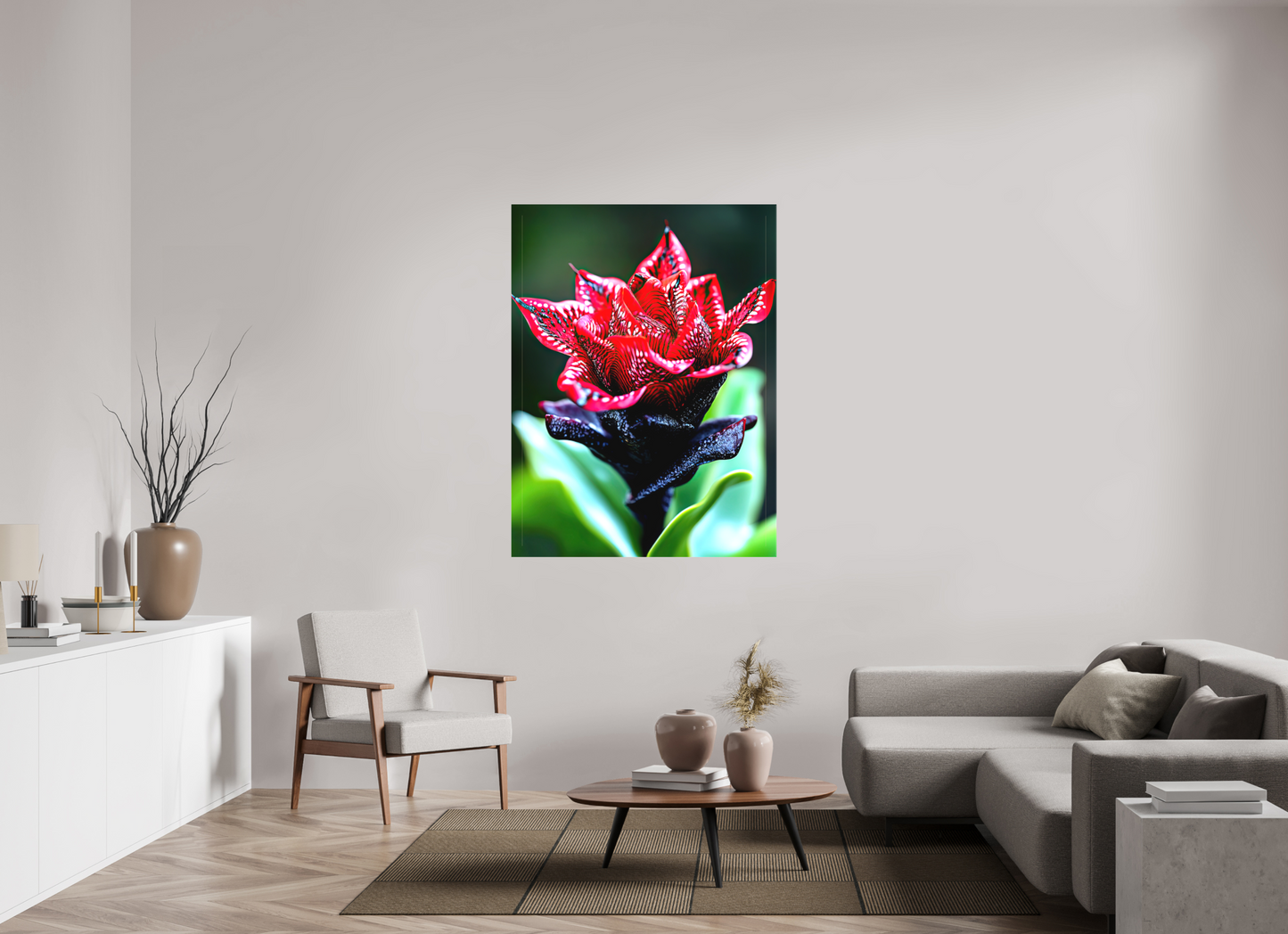 42 x 56″, Textile on Canvas Red Zebra Flower
