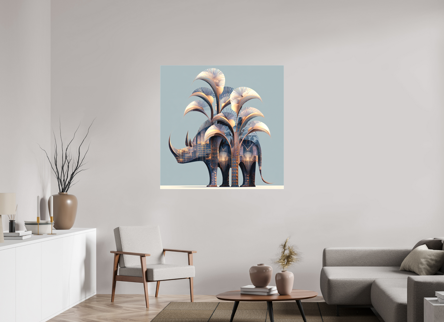 45 x 45″, Textile on Canvas Abstract Rhino