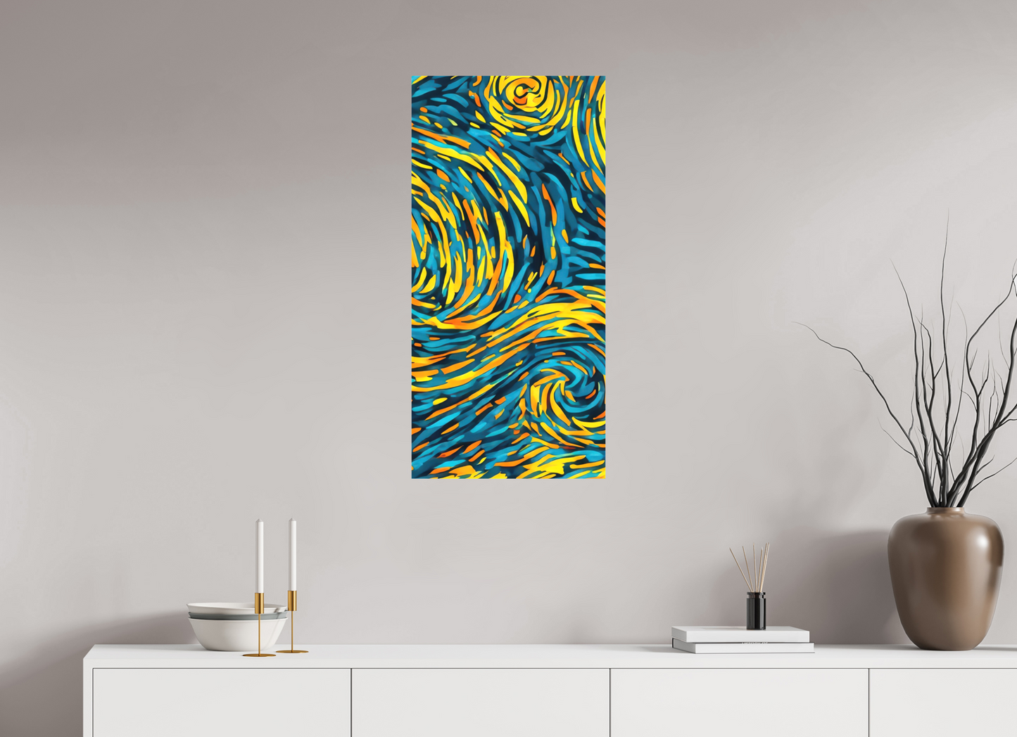 16 x 33.6″, Textile on Canvas Abstract Blue & Yellow Swirls