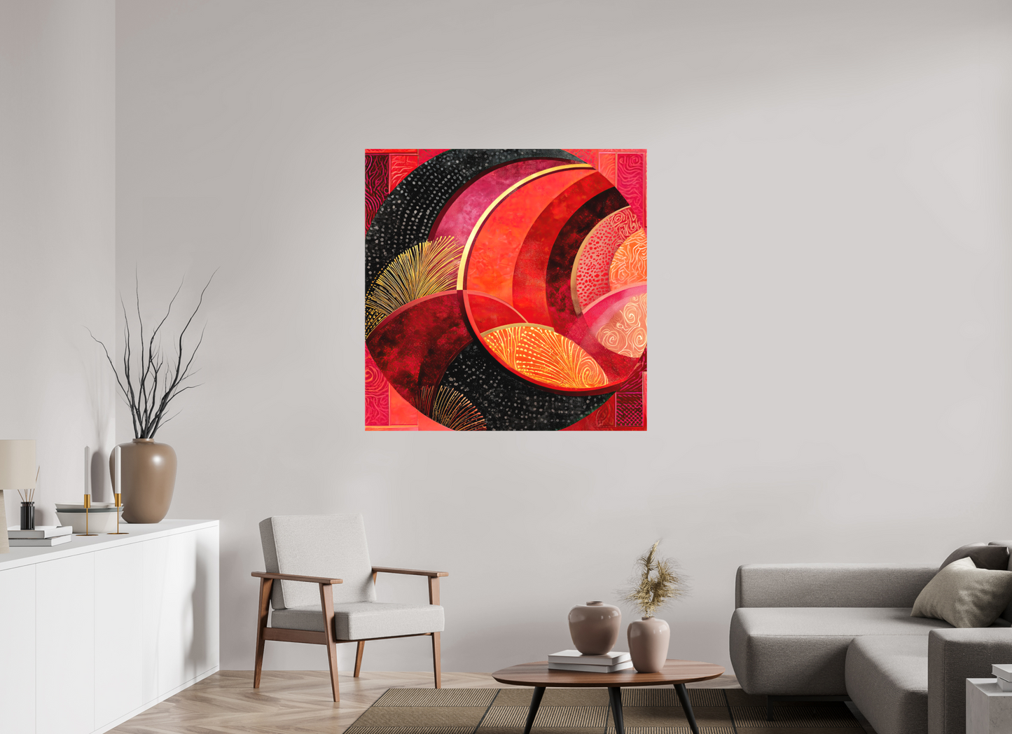 45 x 45″, Textile on Canvas Art Deco Circle