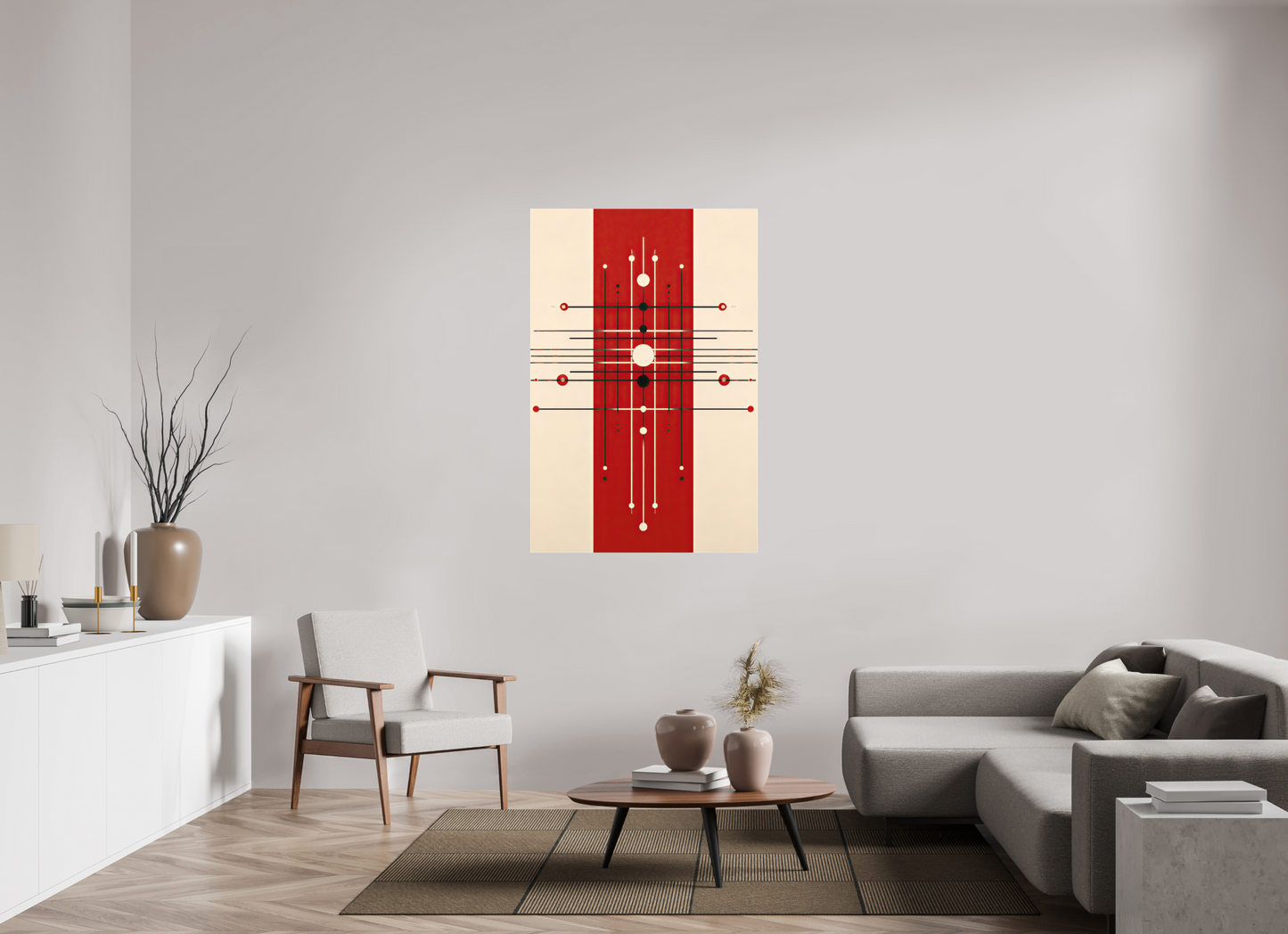 36 x 54.6″, Textile on Canvas Red Line