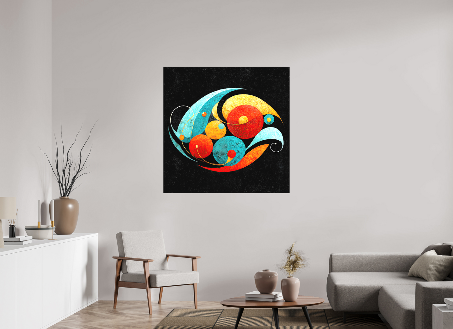 45 x 45″, Textile on Canvas Abstract Olives