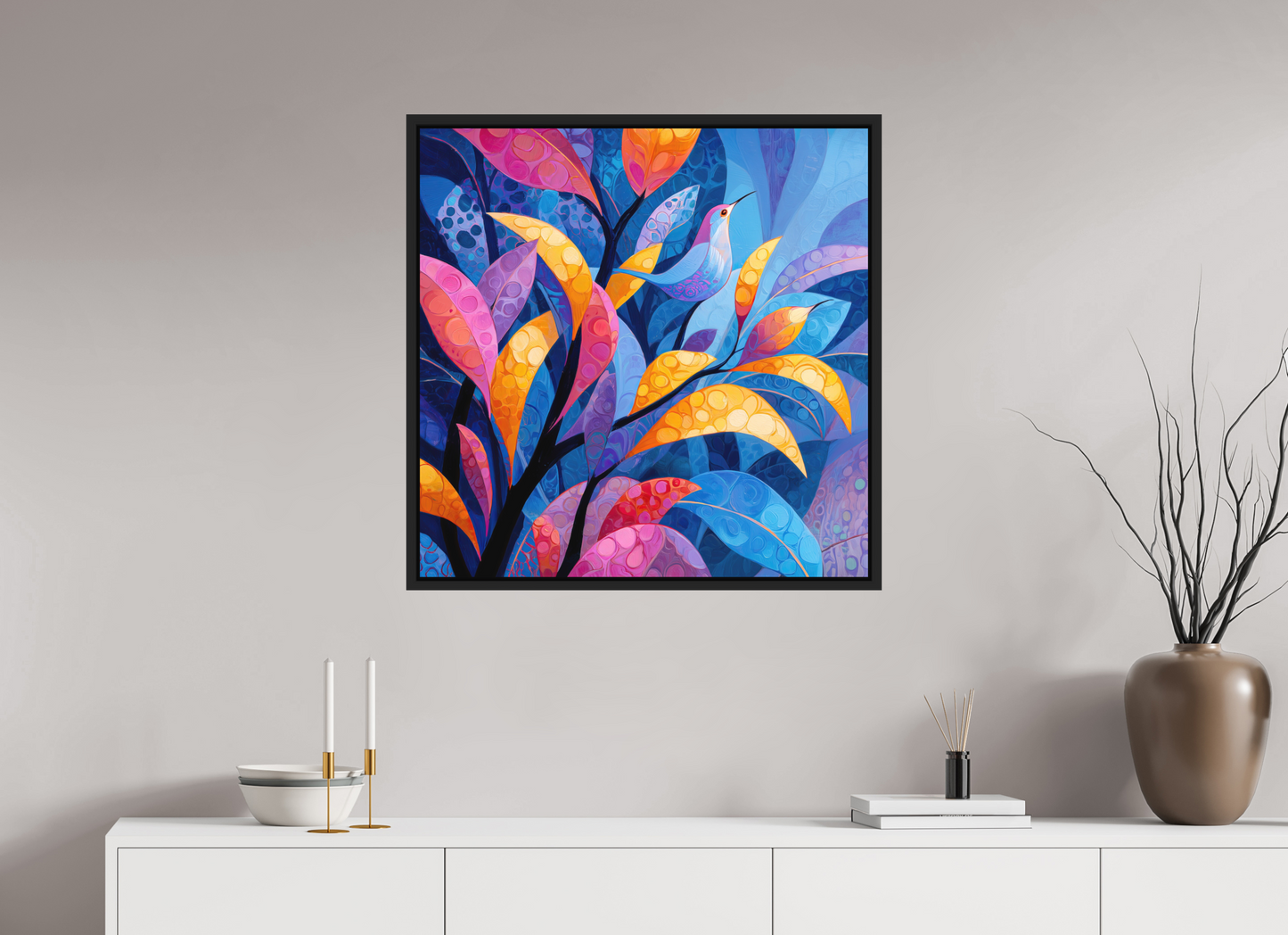 30 x 30″, Photo Print on Aluminum Backing with boarder Tropical Bird