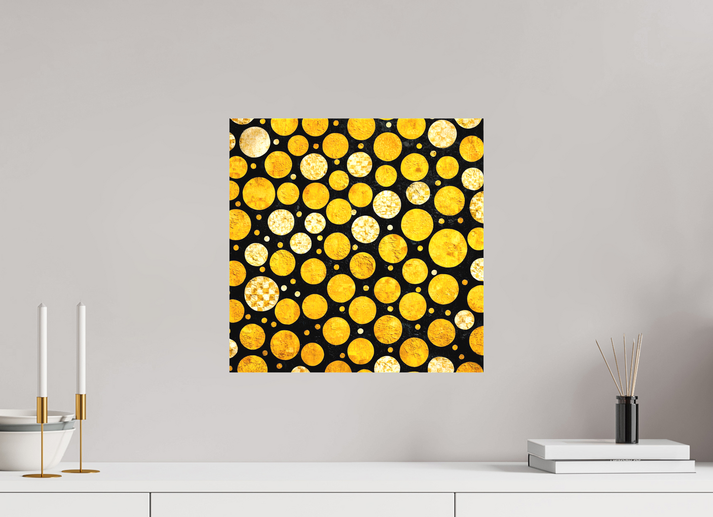 15 x 15″, Textile on Canvas Gold Dots