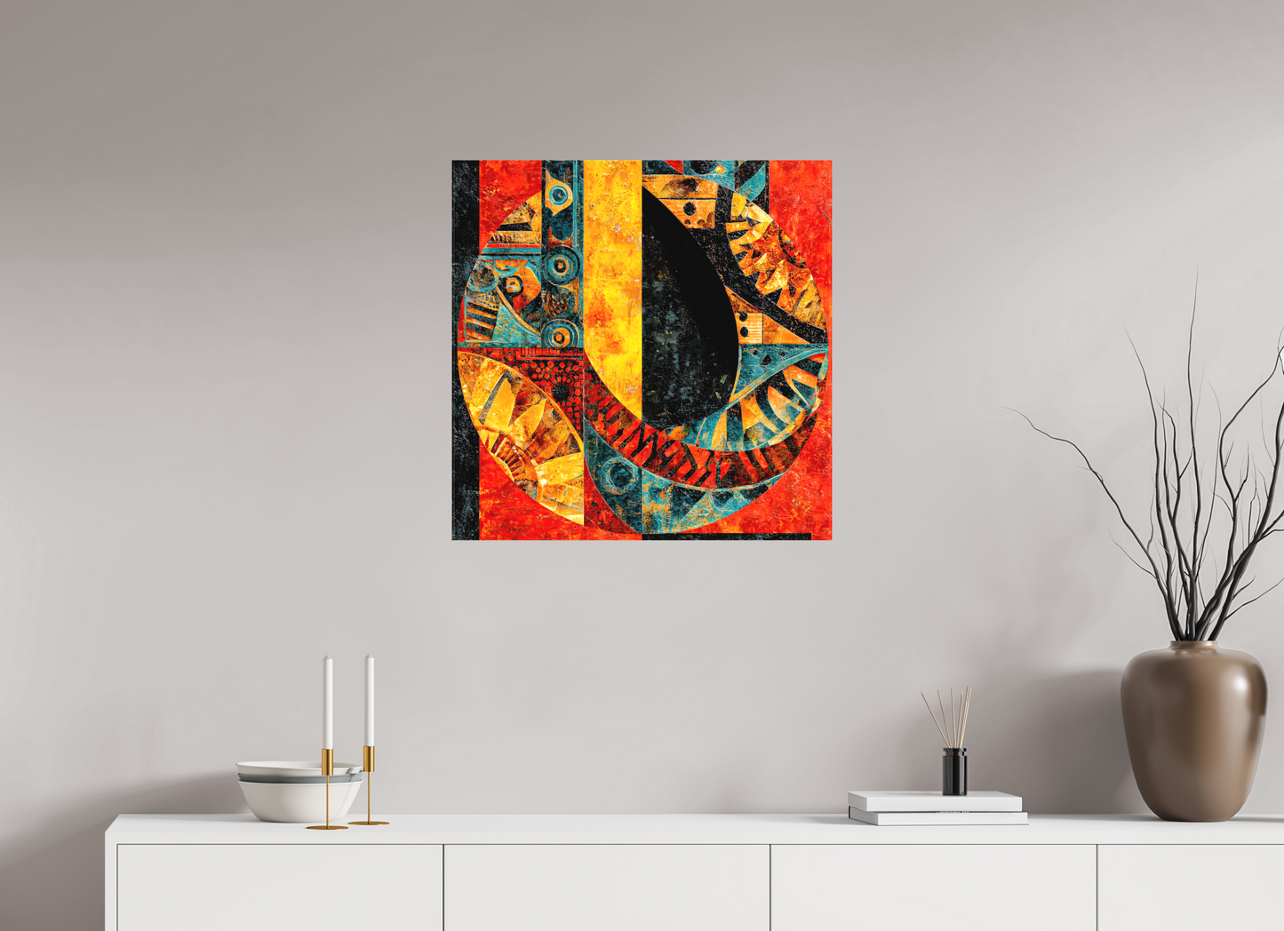 25 x 25″, Textile on Canvas Tribal Circle 1