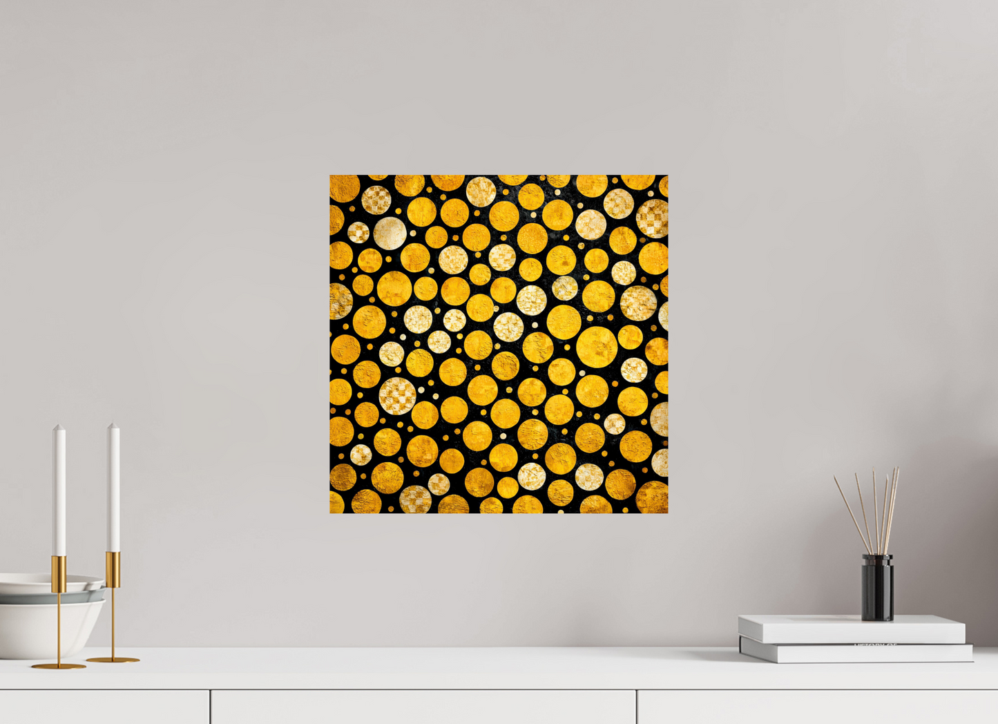 15 x 15″, Fine Art Print On Aluminum Dibond Gold Dots