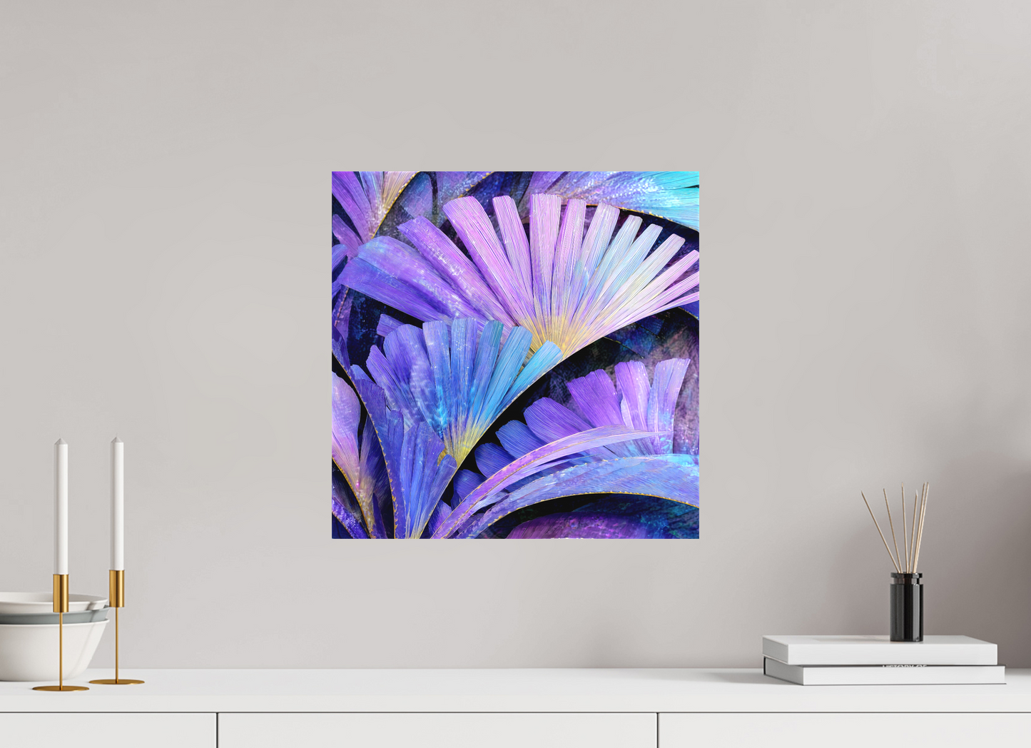 15 x 15″, Textile on Canvas Art Deco Purple Flowers