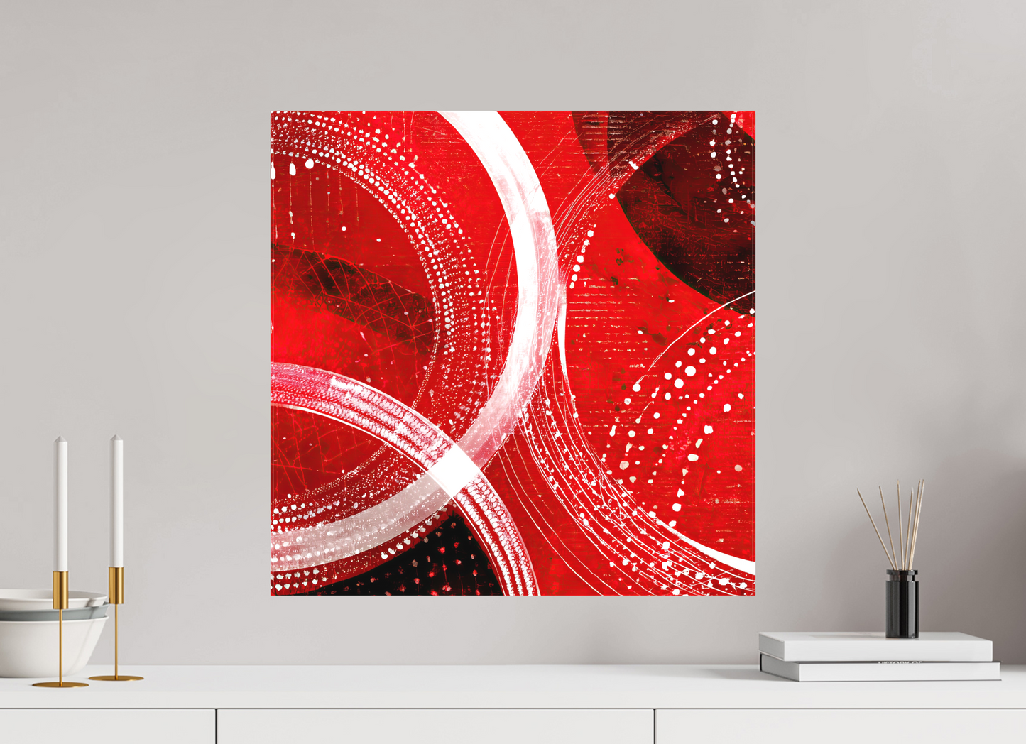 20 x 20″, Textile on Canvas Red & White