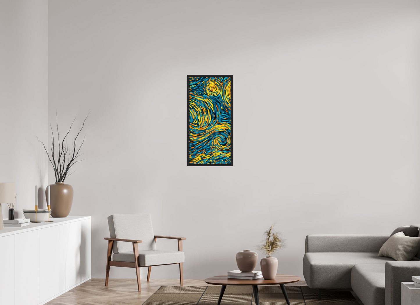 16 x 33.6″, Fine Art Print on Aluminum Dibond with Boarder Abstract Blue & Yellow Swirls