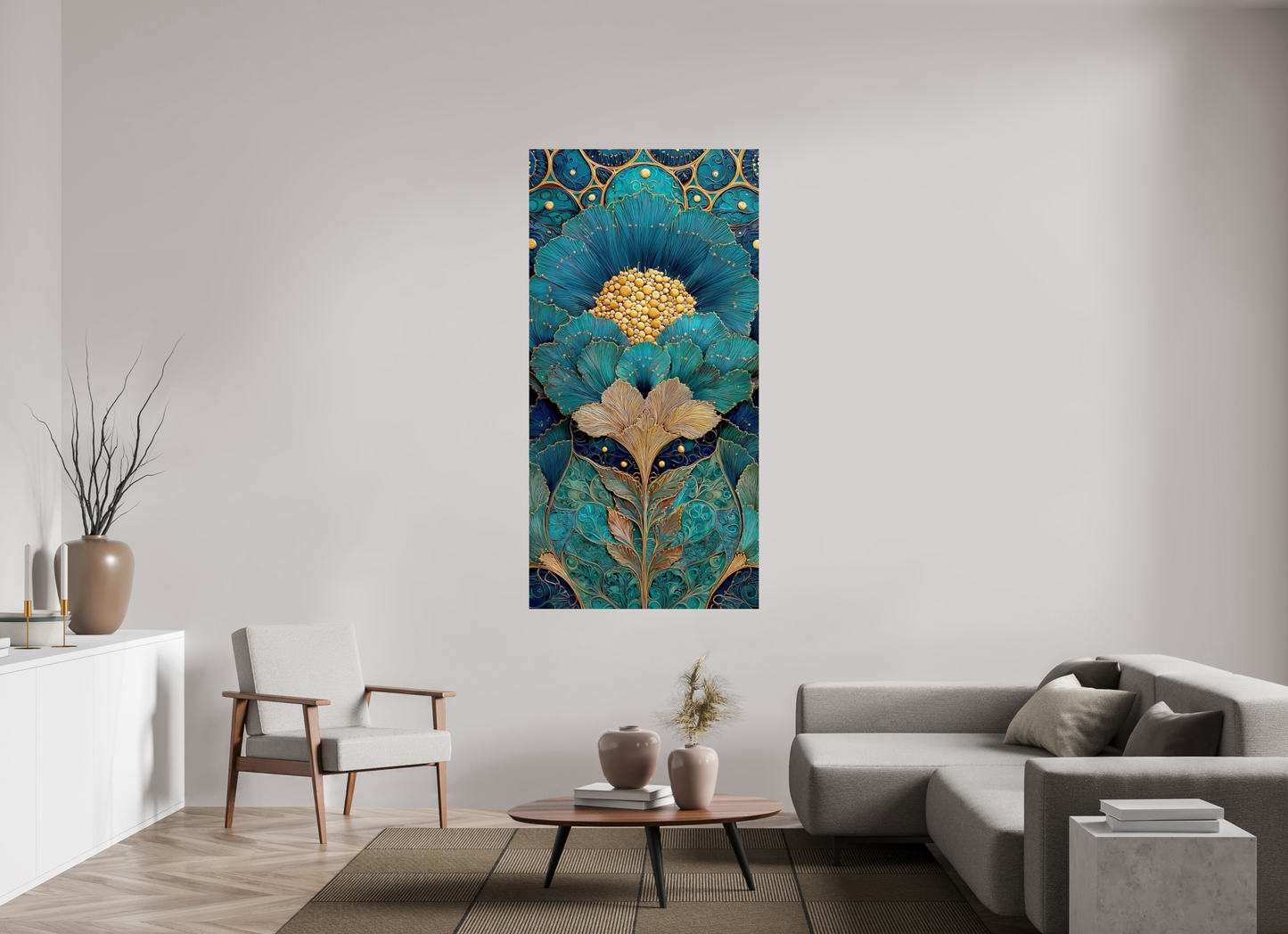 36 x 72″, Fine Art Print On Aluminum Dibond Art Deco Teal Flower 1