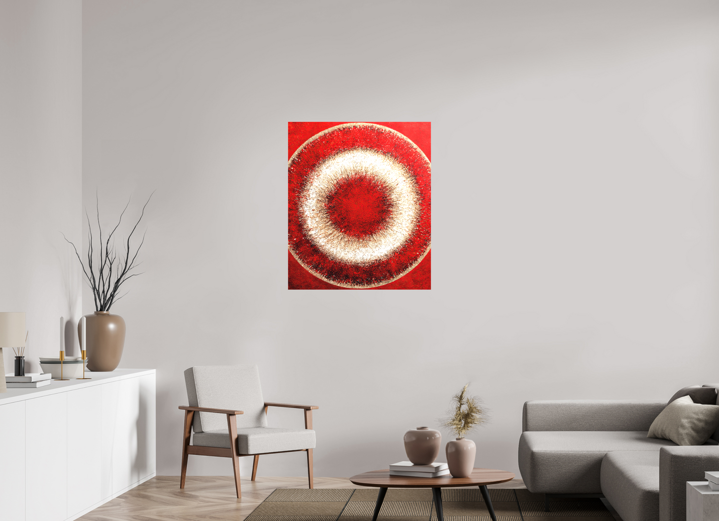32 x 37.7″, Textile on Canvas Abstract Red Eye
