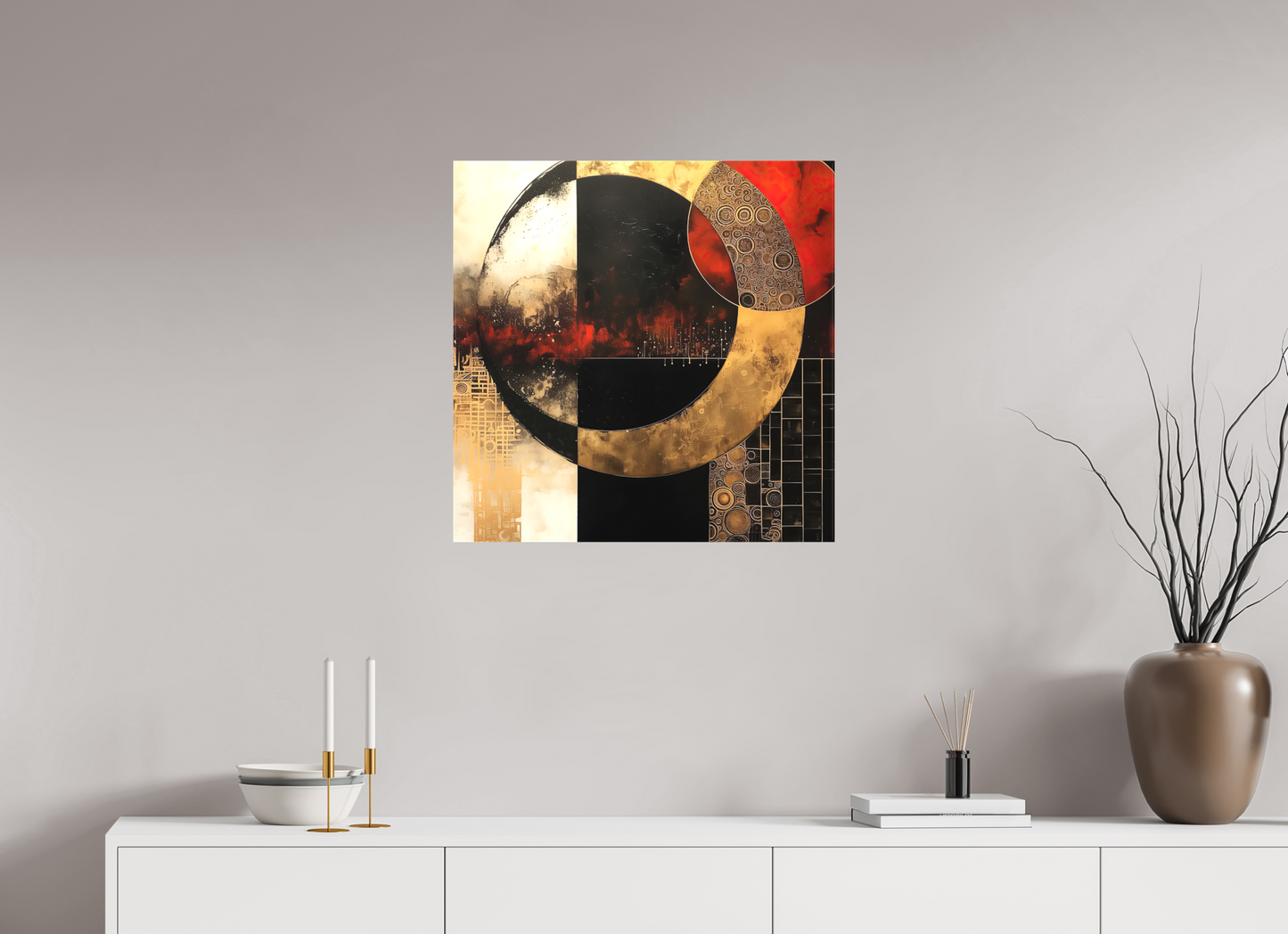 25 x 25″, Textile on Canvas Gold Blood Moon