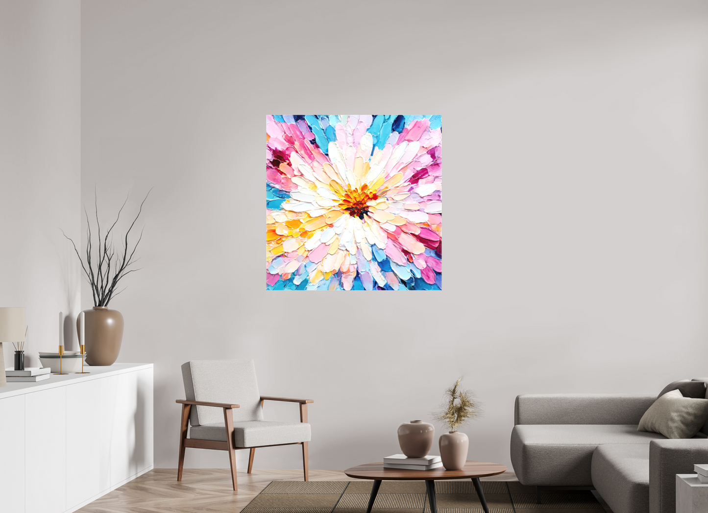 40 x 40″, Textile on Canvas Abstract Paint Flower