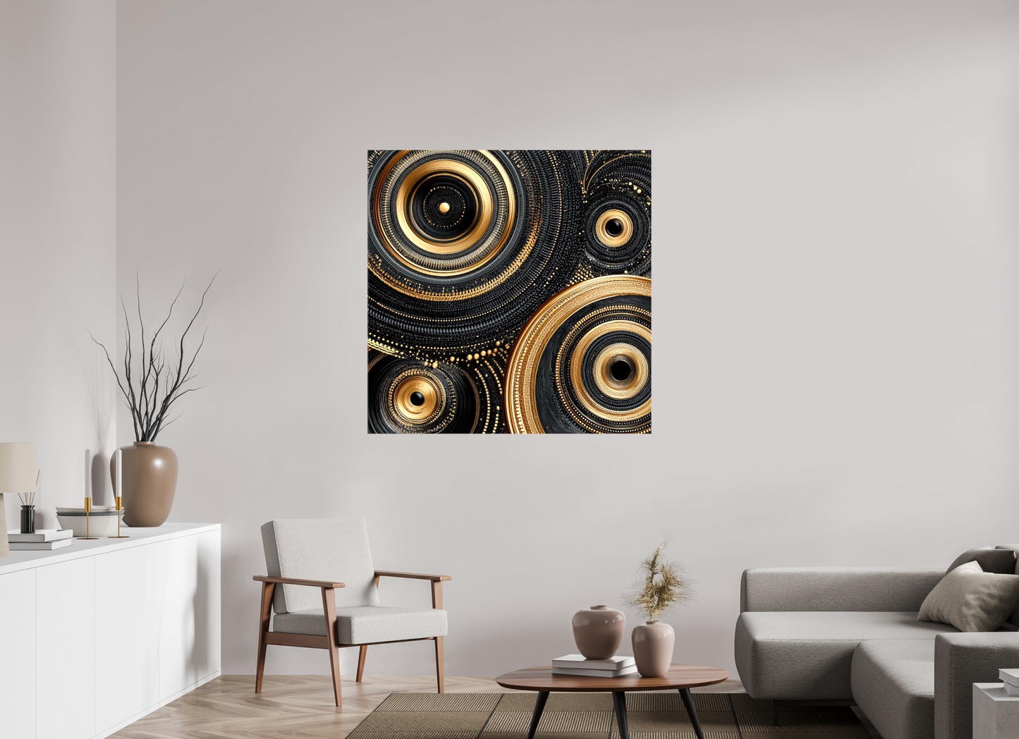 45 x 45″, Glossy Canvas Gold & Black Circles