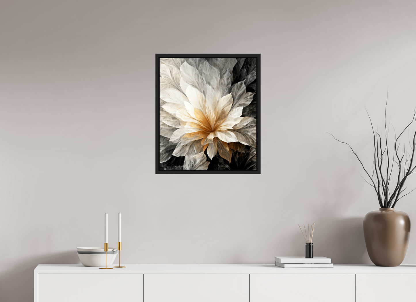 20 x 23.1″, Fine Art Print on Aluminum Dibond with Boarder White & Gold Flower 1