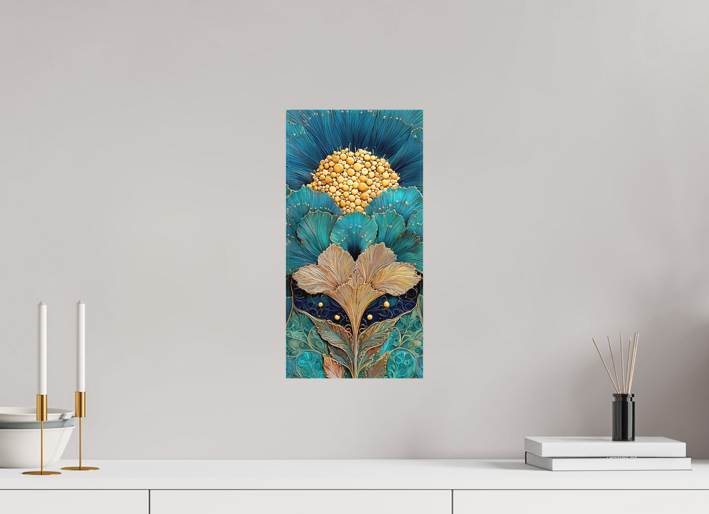 8 x 16″, Textile on Canvas Art Deco Teal Flower 1