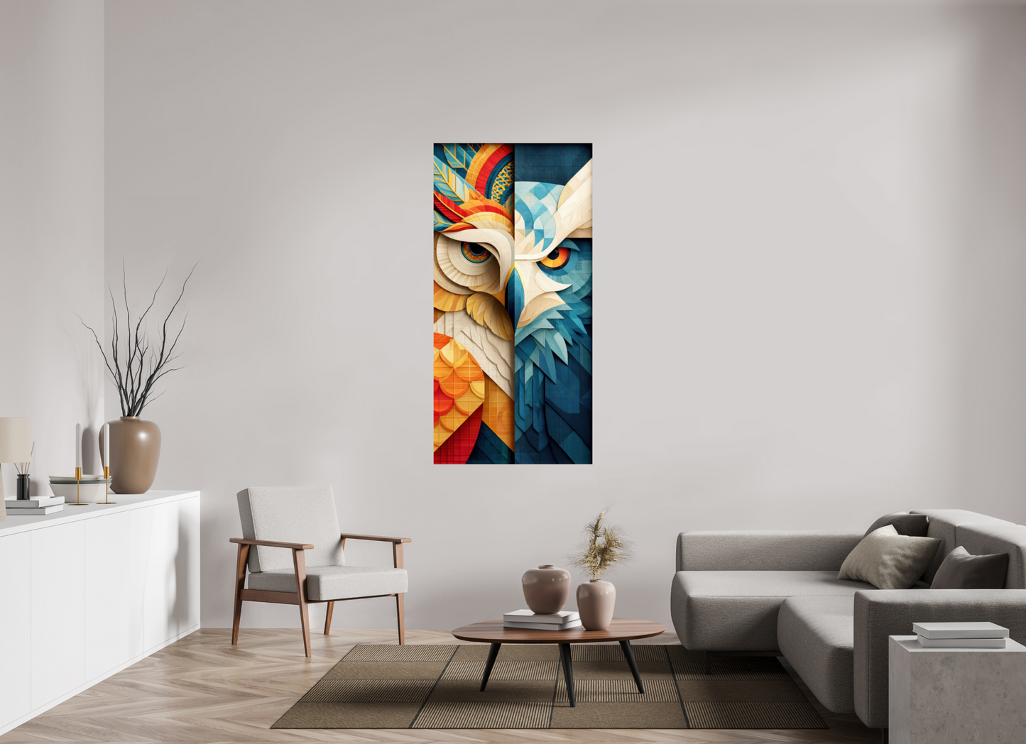 32 x 64.8″, Fine Art Print On Aluminum Dibond Abstract Warm & Cold Owl