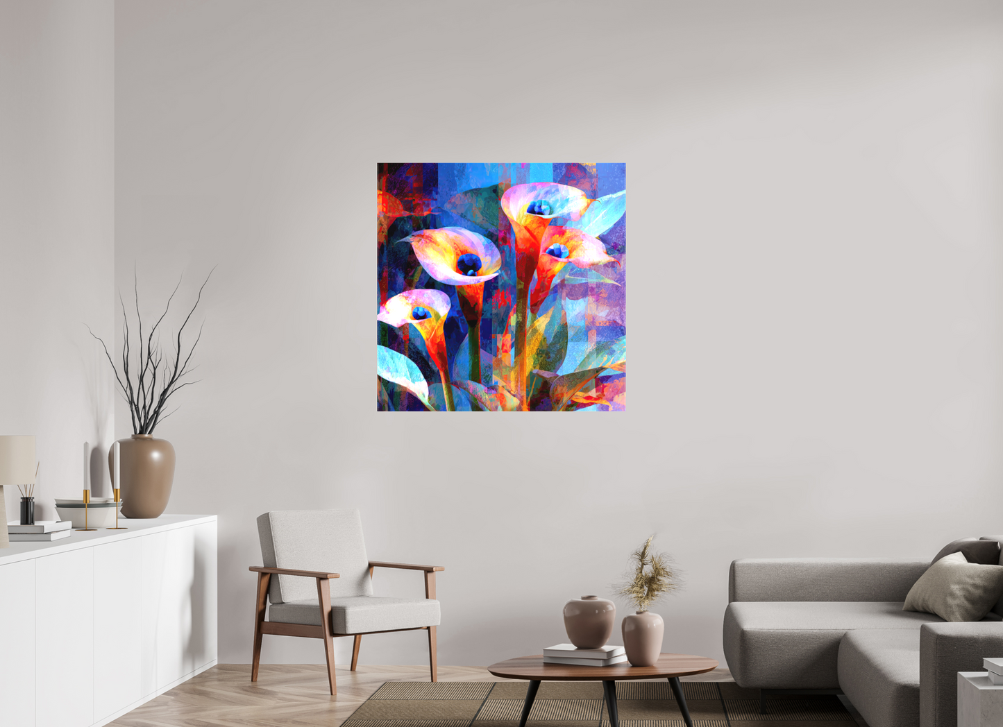 40 x 40″, Textile on Canvas Abstract Calla Lily Flowers