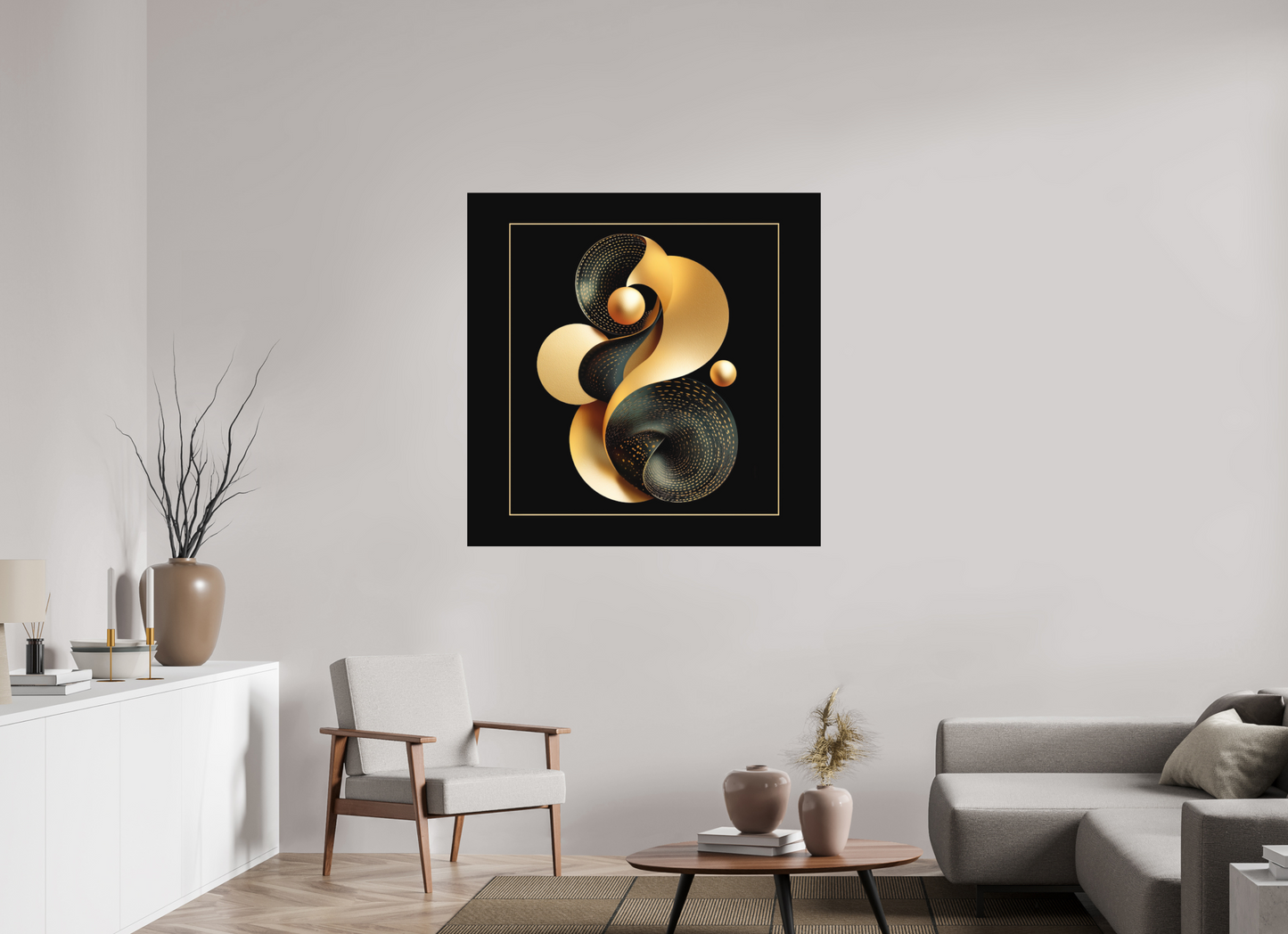 45 x 45″, Photo Print on Aluminum Backing Abstract Black & Gold