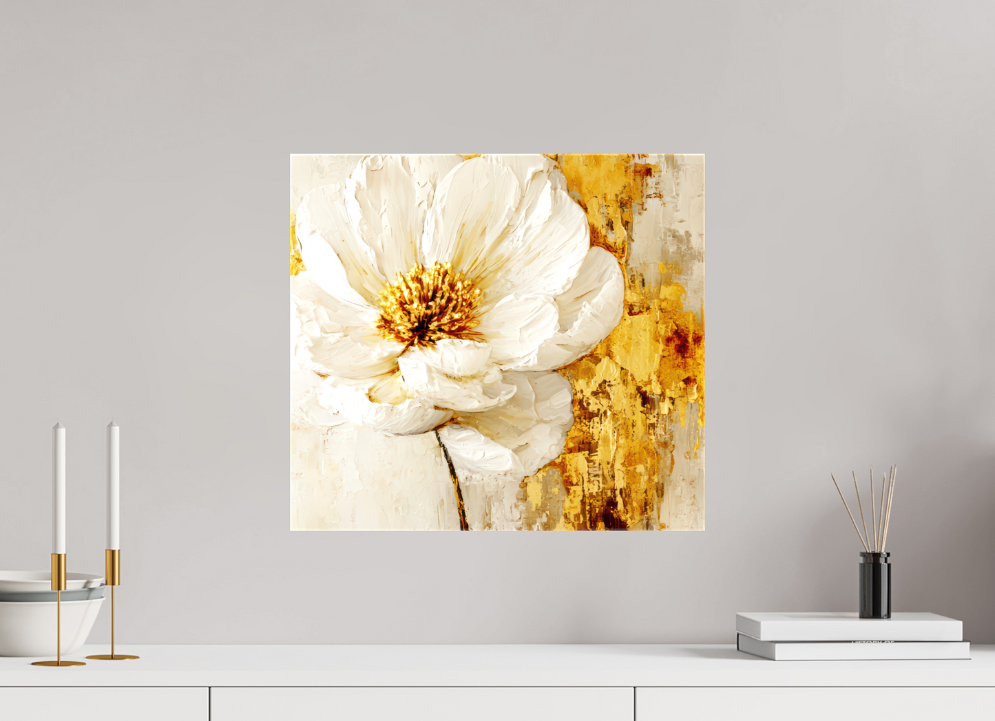 17.6 x 16″, Glossy Canvas White and Gold Flower 3