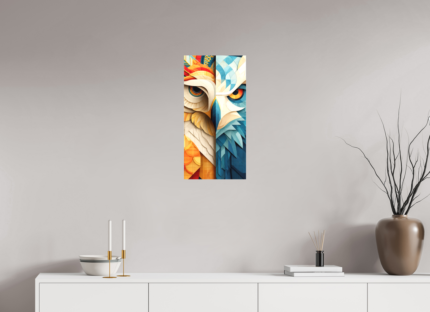 12 x 24.3″, Textile on Canvas Abstract Warm & Cold Owl