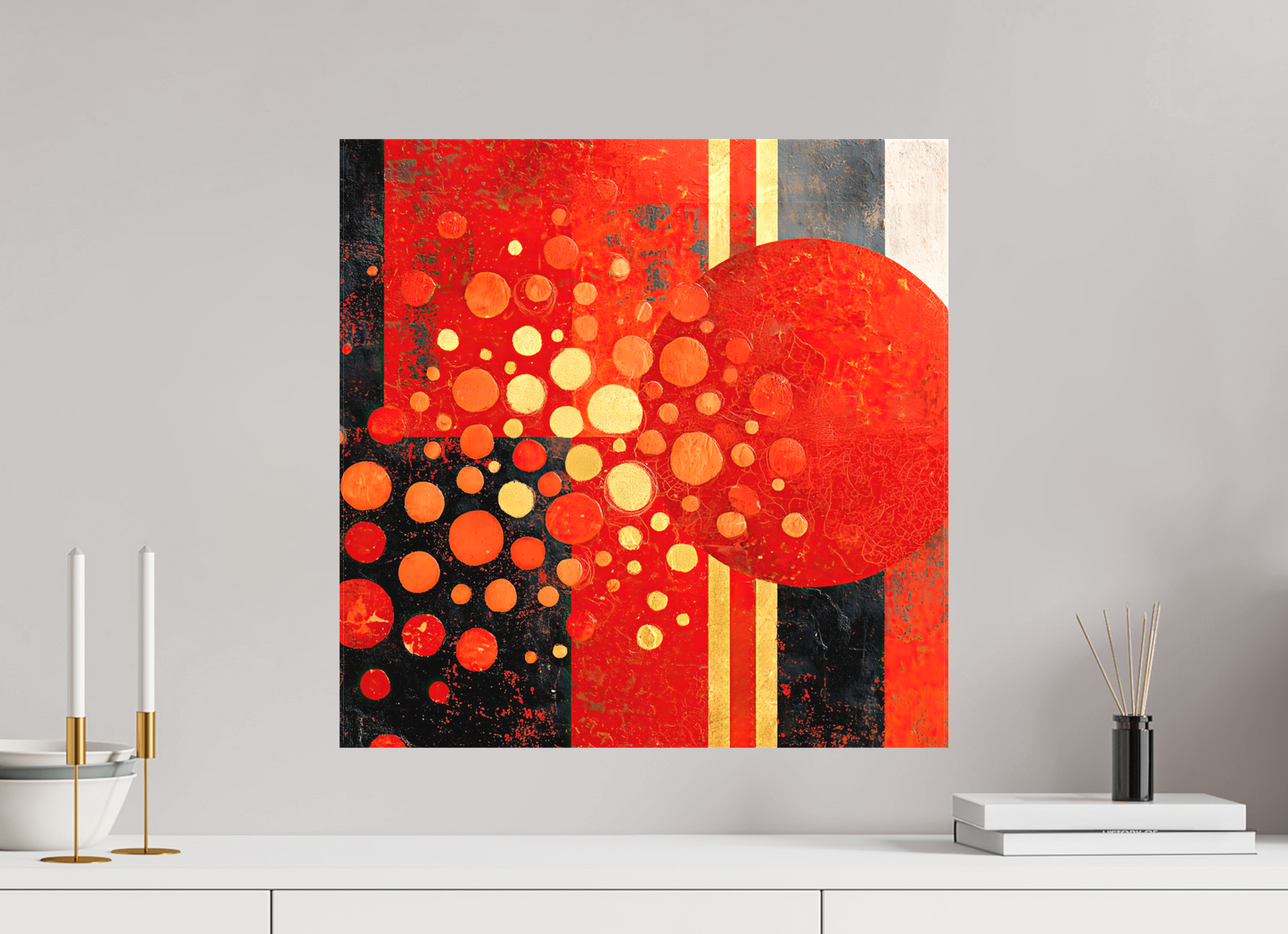 20 x 20″, Textile on Canvas Abstract Red Dots