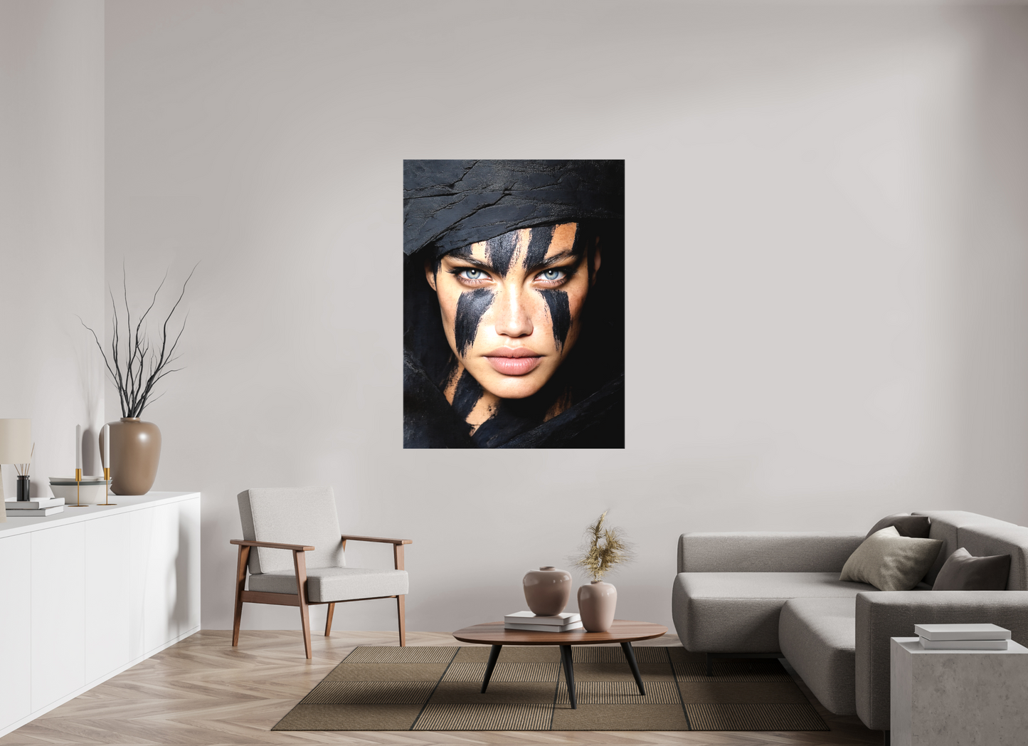 44 x 57.5″, Textile on Canvas Charcoal Woman